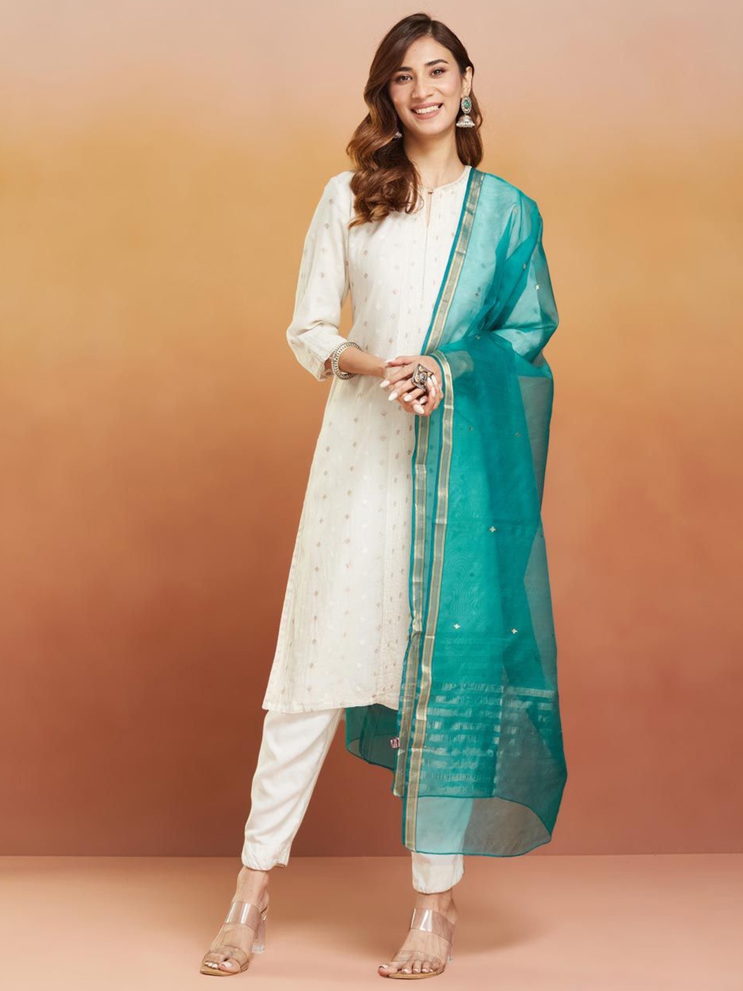 

Fabindia Geometric Woven Design Cotton Silk Dupatta, Turquoise blue