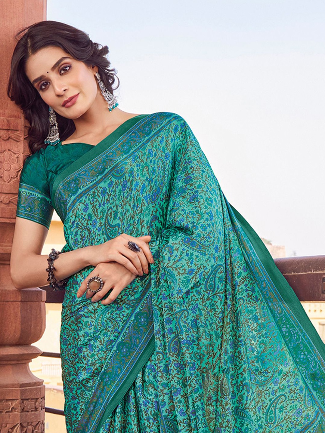 

all about you Paisley Pure Silk Dabu Saree, Green