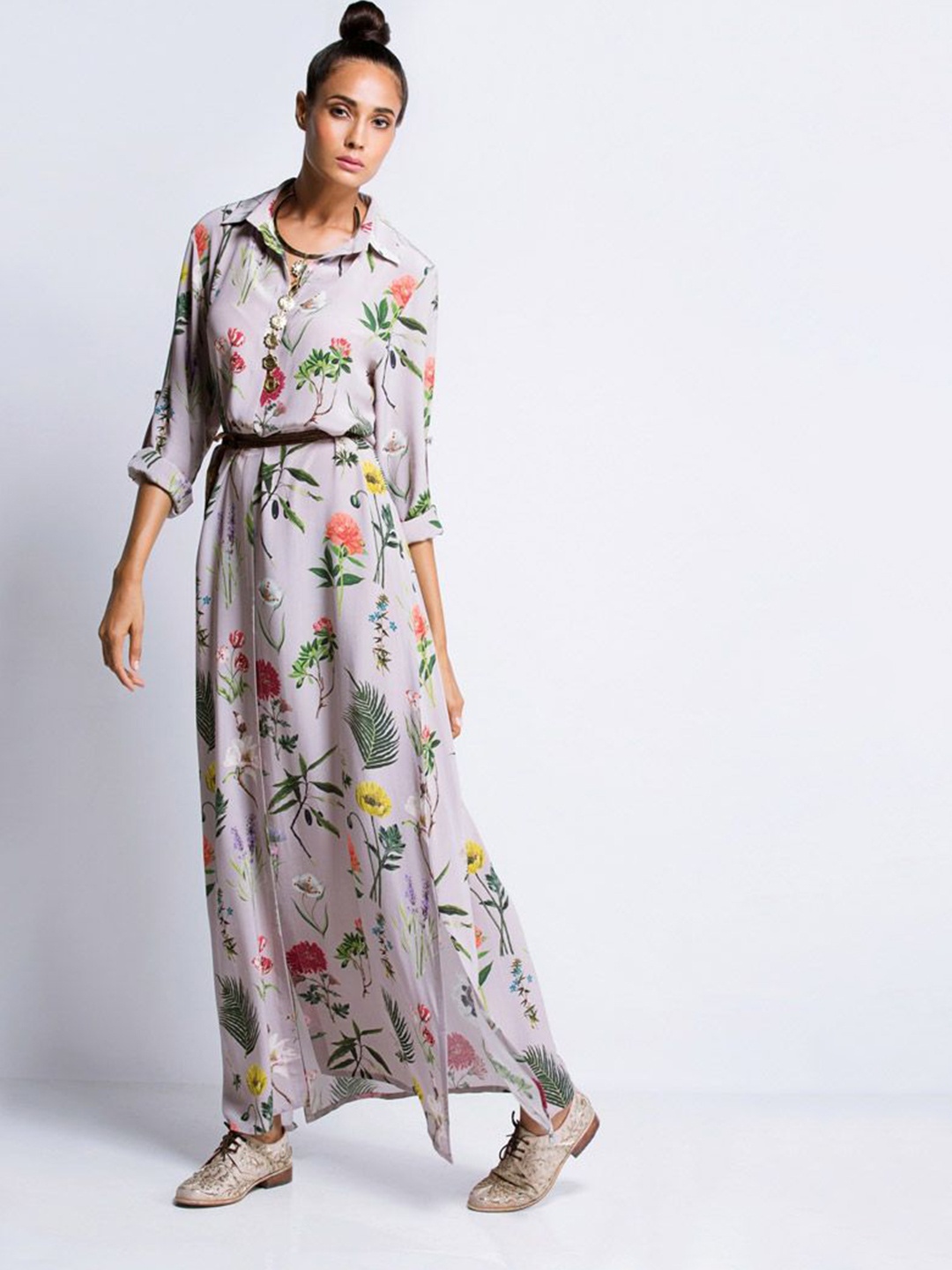 

PS PRET BY PAYAL SINGHAL Women Floral Printed Belted Shirt Maxi Dress, Grey