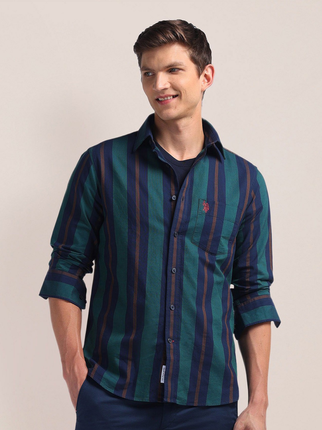 

U.S. Polo Assn. Men Classic Spread Collar Striped Cotton Casual Shirt, Blue