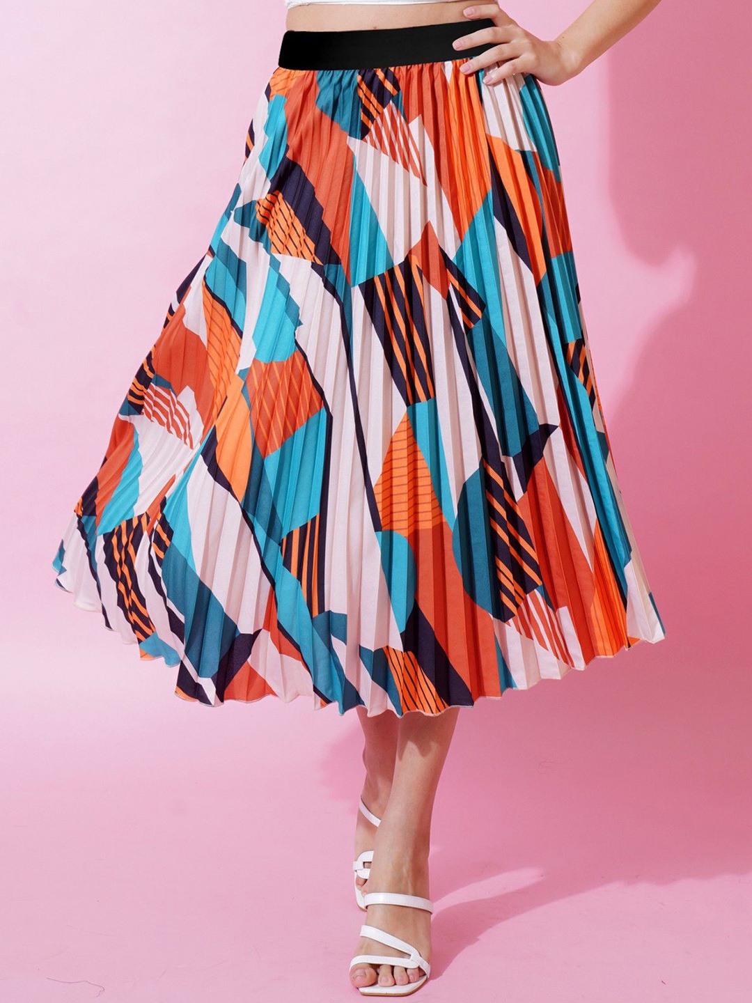 

Femvy Abstract Printed Flared Midi Skirts, Cream