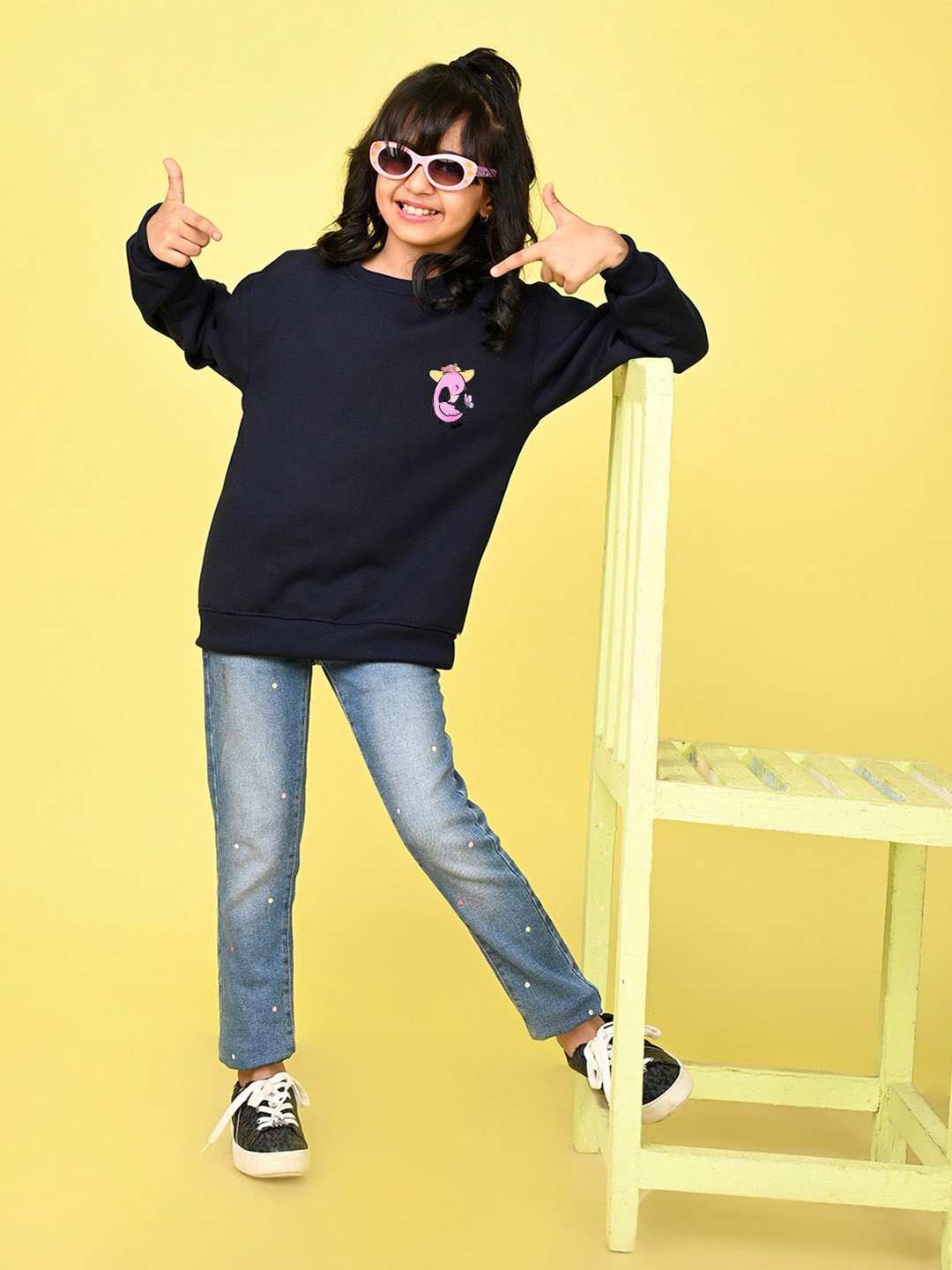 

NUSYL Girls Graphic Printed Oversized Sweatshirt, Navy blue