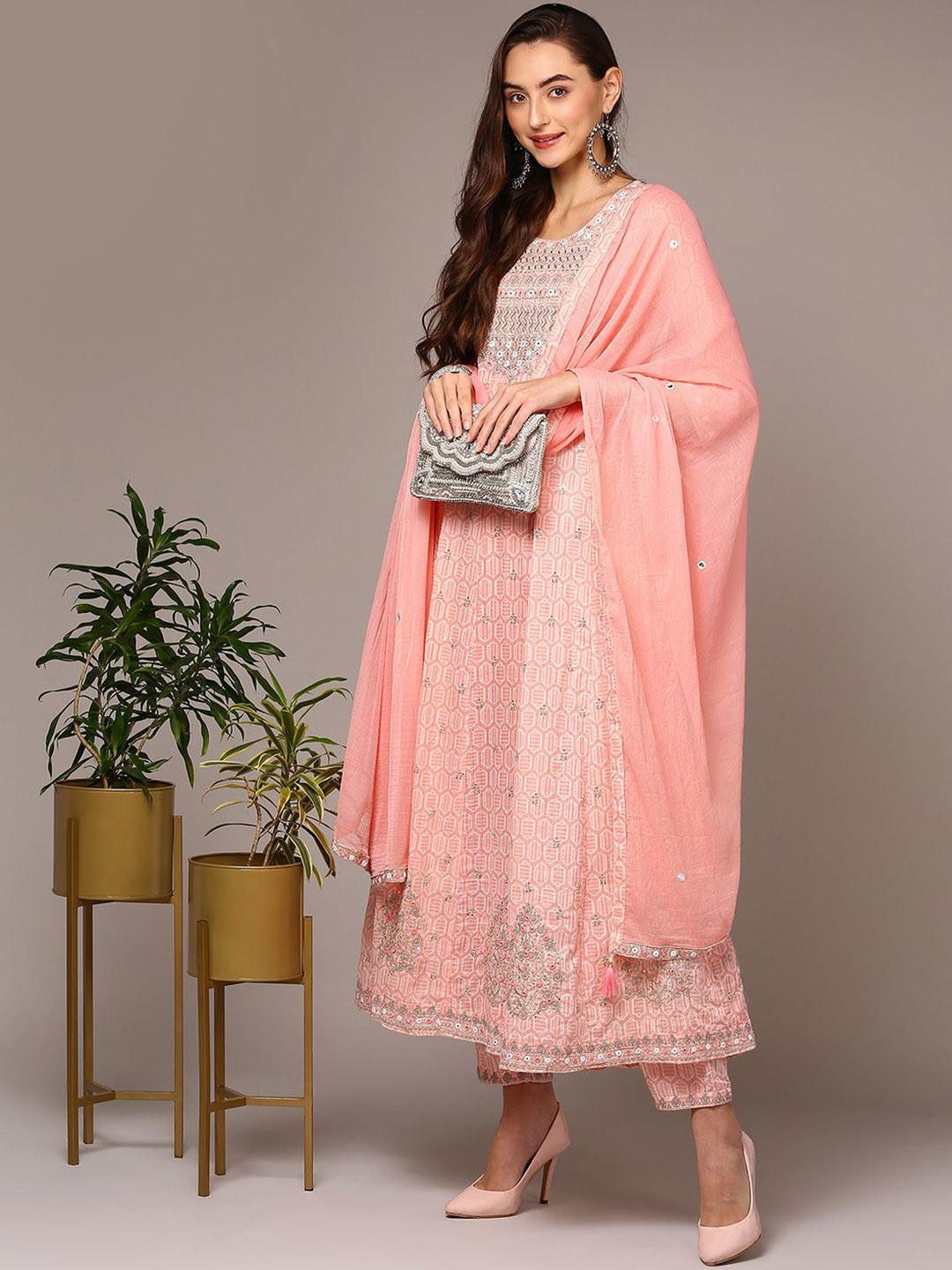 

KALINI Geometric Printed Mirror Work Pure Cotton Anarkali Kurta with Trousers & Dupatta, Pink