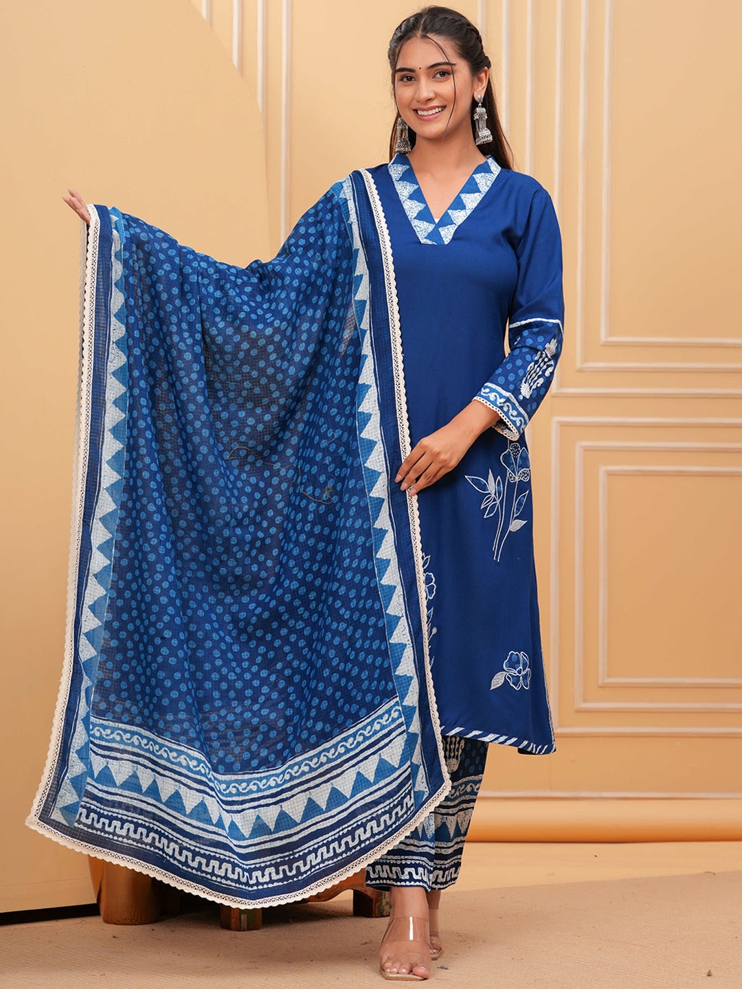 

SIDDHANAM Embroidered A-Line Kurta with Trousers & With Dupatta, Blue
