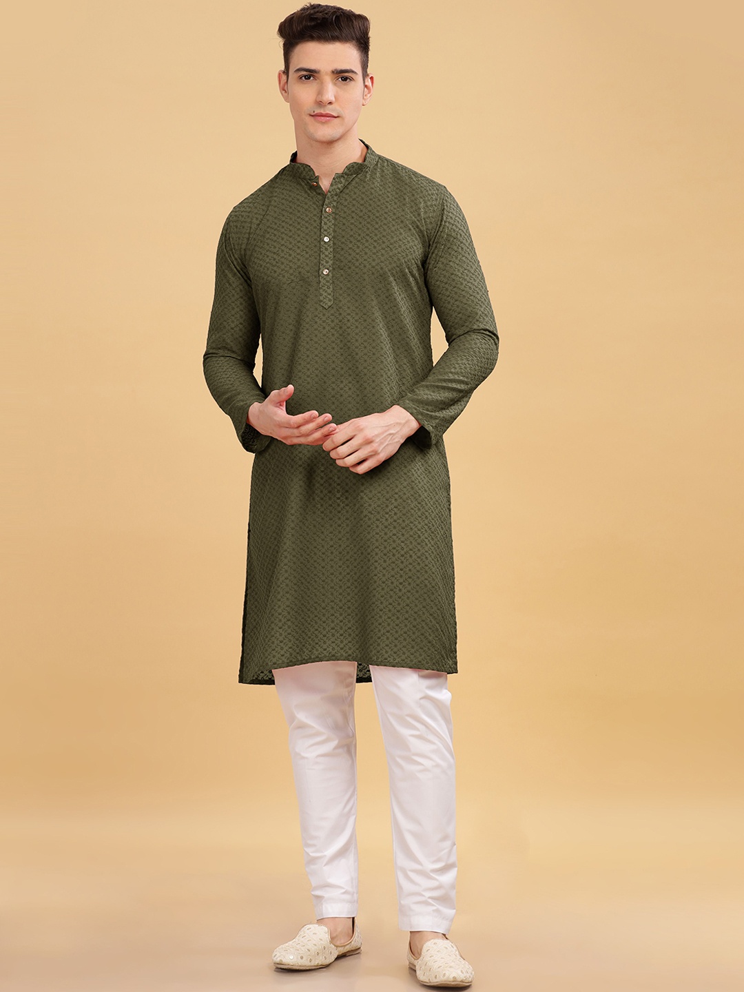 

Anouk Olive Green Floral Embroidered Thread Work Straight Pure Cotton Kurta