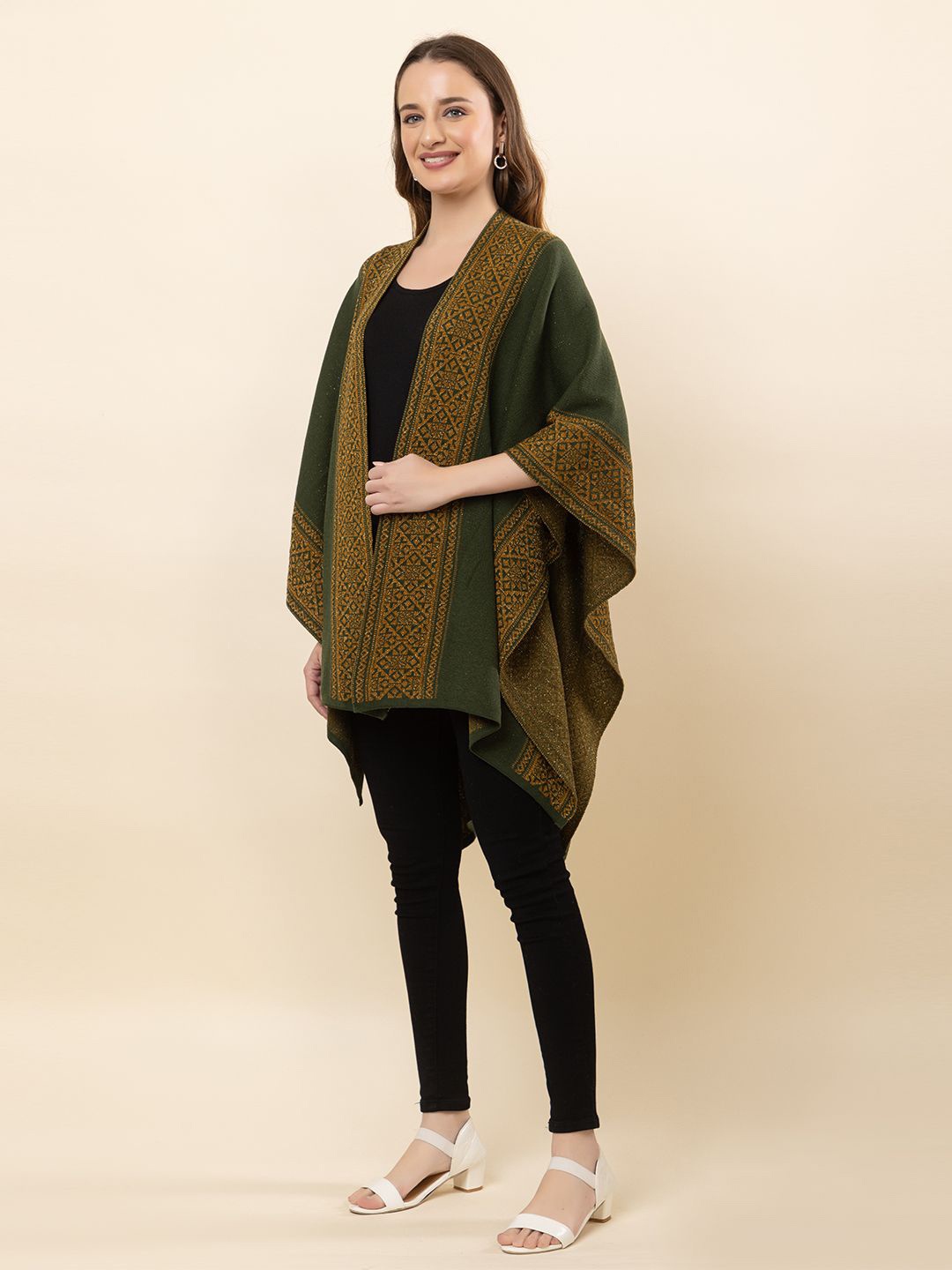 

Anouk Olive Green Geometric Printed Winter Open Front Shrug