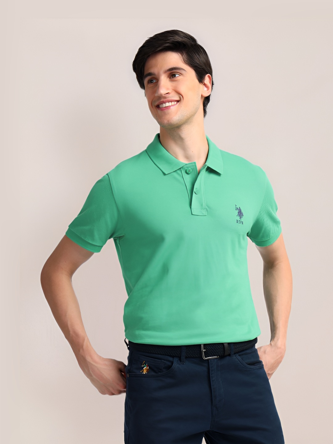 

U.S. Polo Assn. Men Solid Polo Collar Cotton Slim Fit T-Shirt, Green
