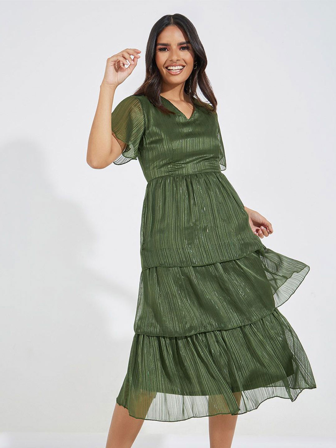 

Styli Women Tiered A-Line Midi Length Dress, Olive