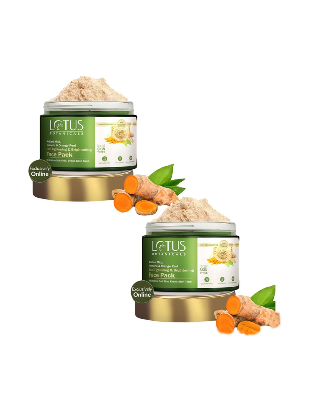 

Lotus Botanicals Set Of 2 Multani Mitti, Turmeric & Orange Peel Face Pack- 120g Each, Green