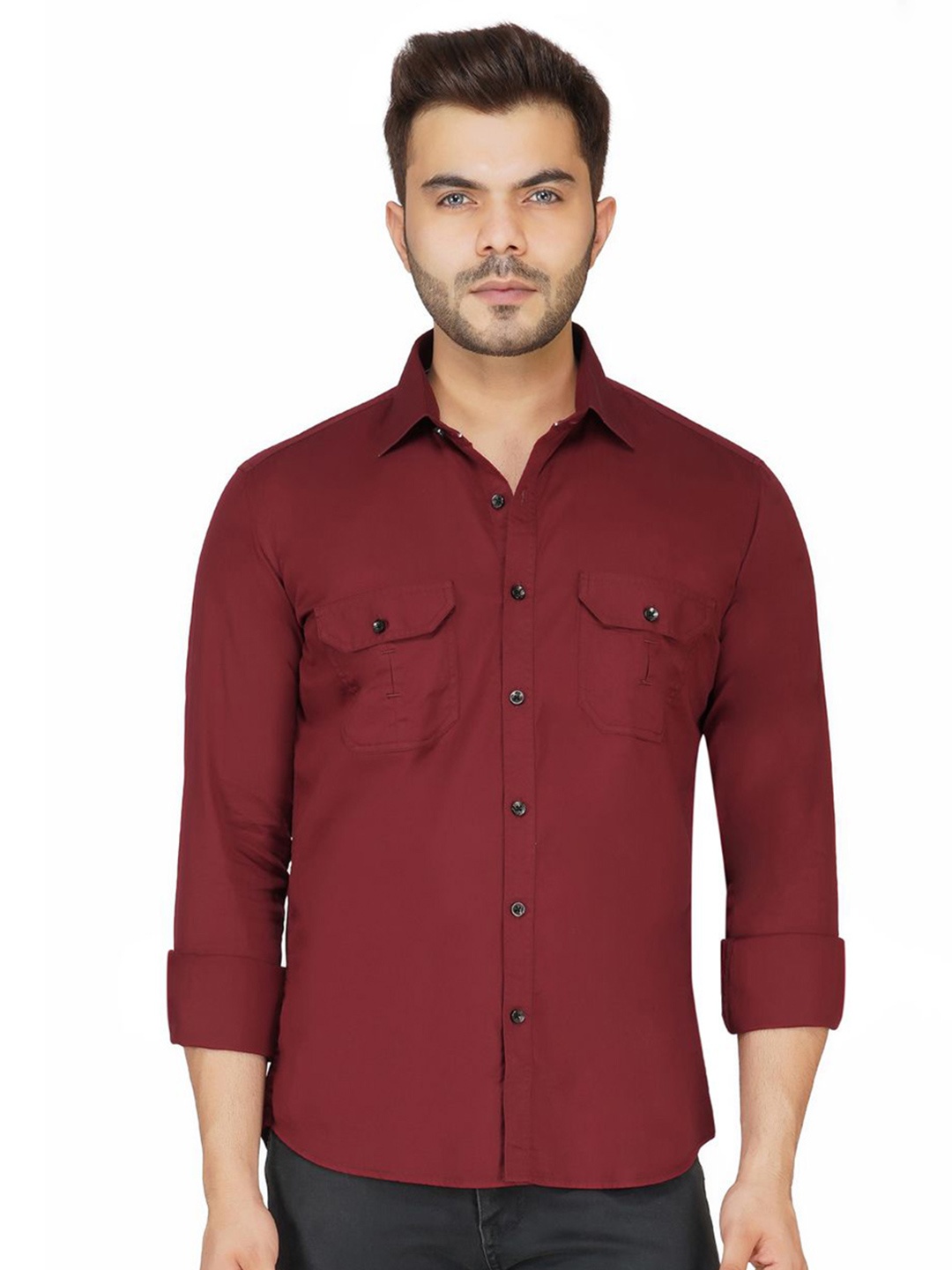 

DESIGN UP Men Classic Spread Collar Solid Cotton Slim Fit Casual Shirt, Maroon