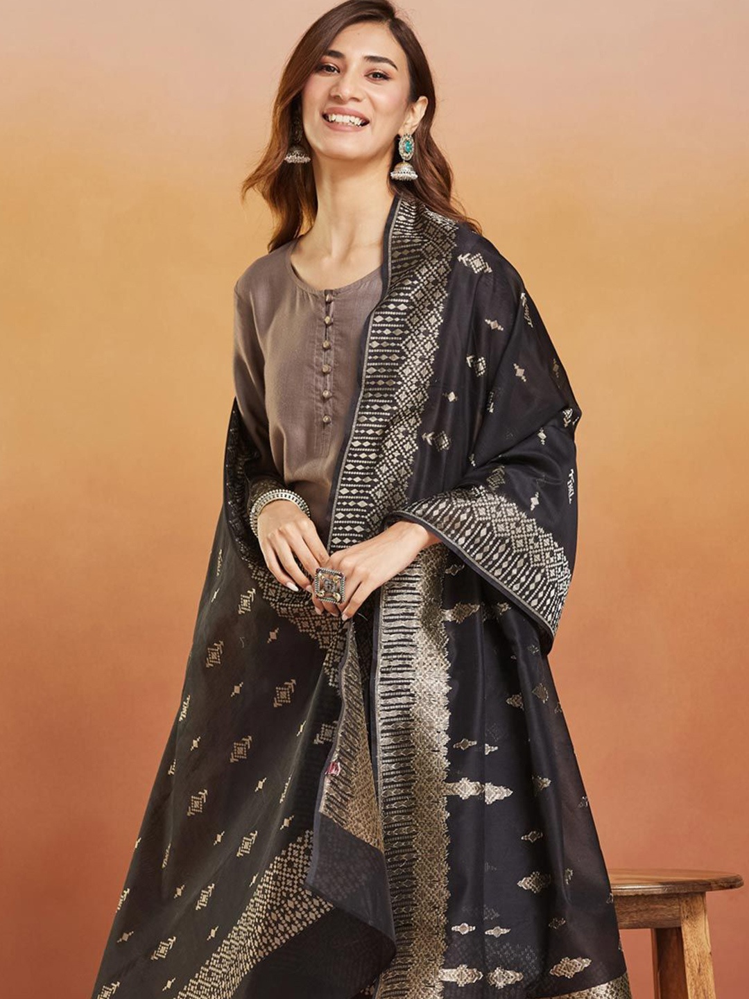 

Fabindia Ethnic Motifs Printed Cotton Silk Dupatta, Black
