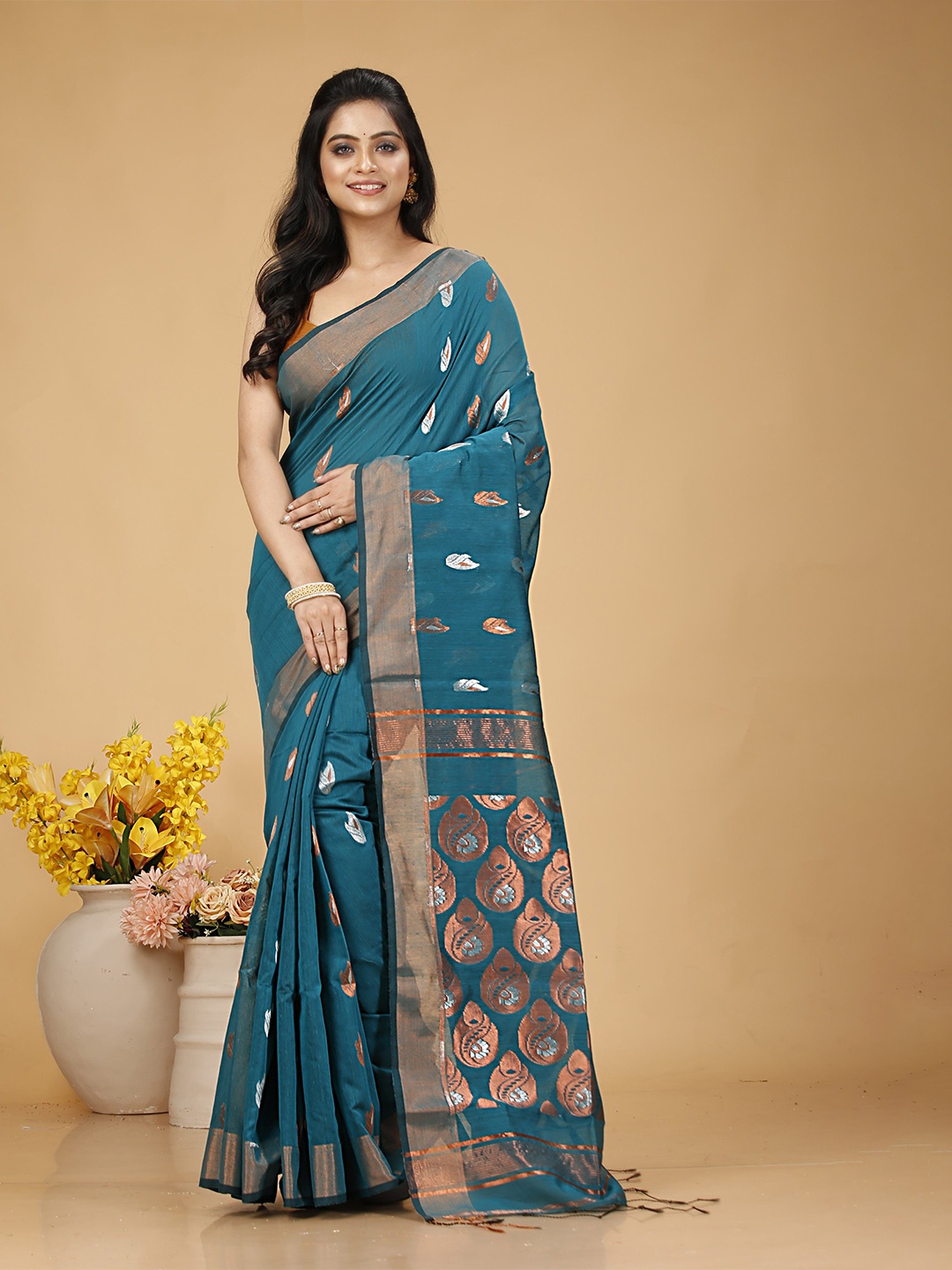

SLAGHA Ethnic Motifs Zari Silk Cotton Taant Saree, Blue