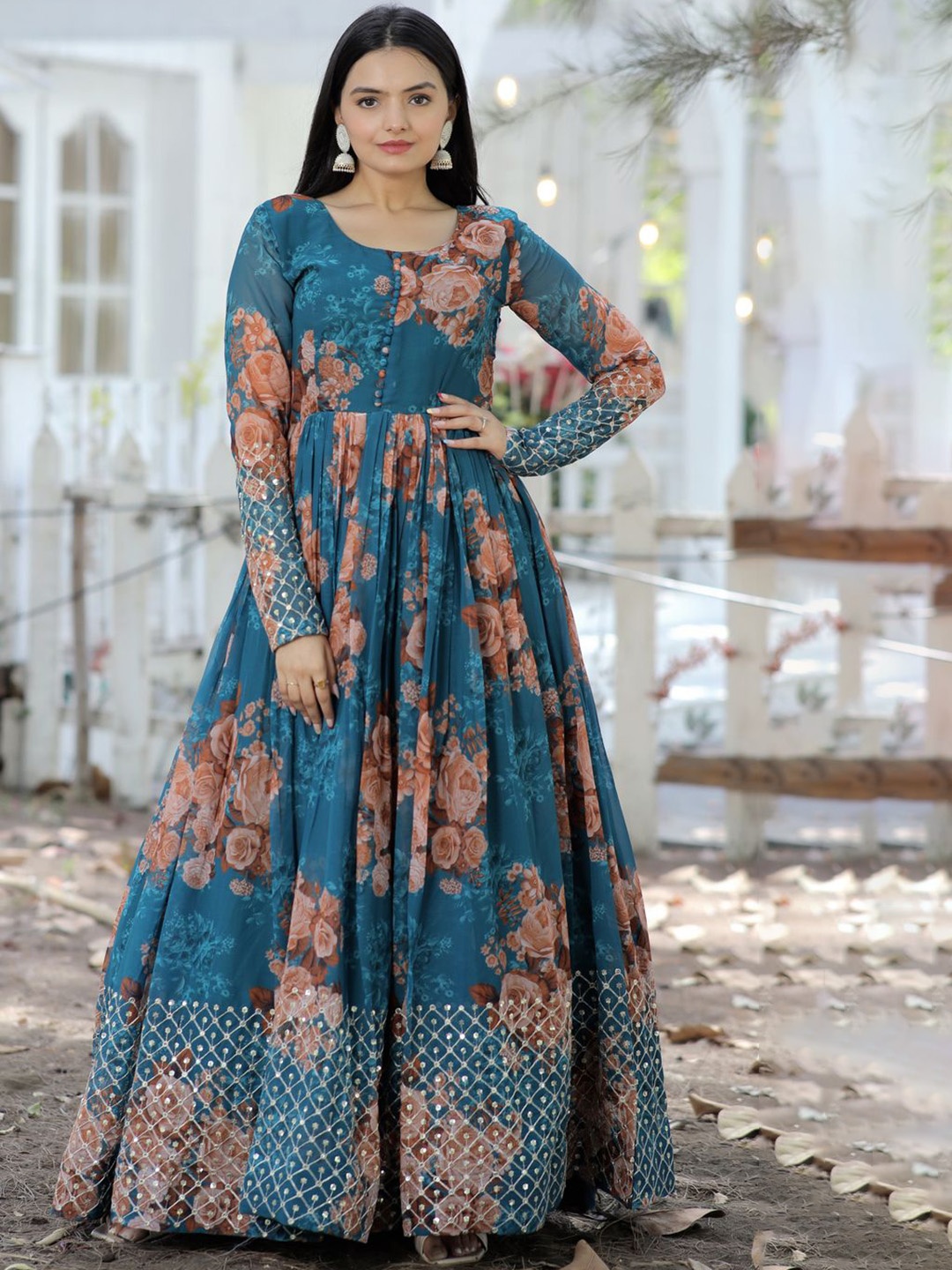

KALINI Floral Print Maxi Ethnic Dress, Blue
