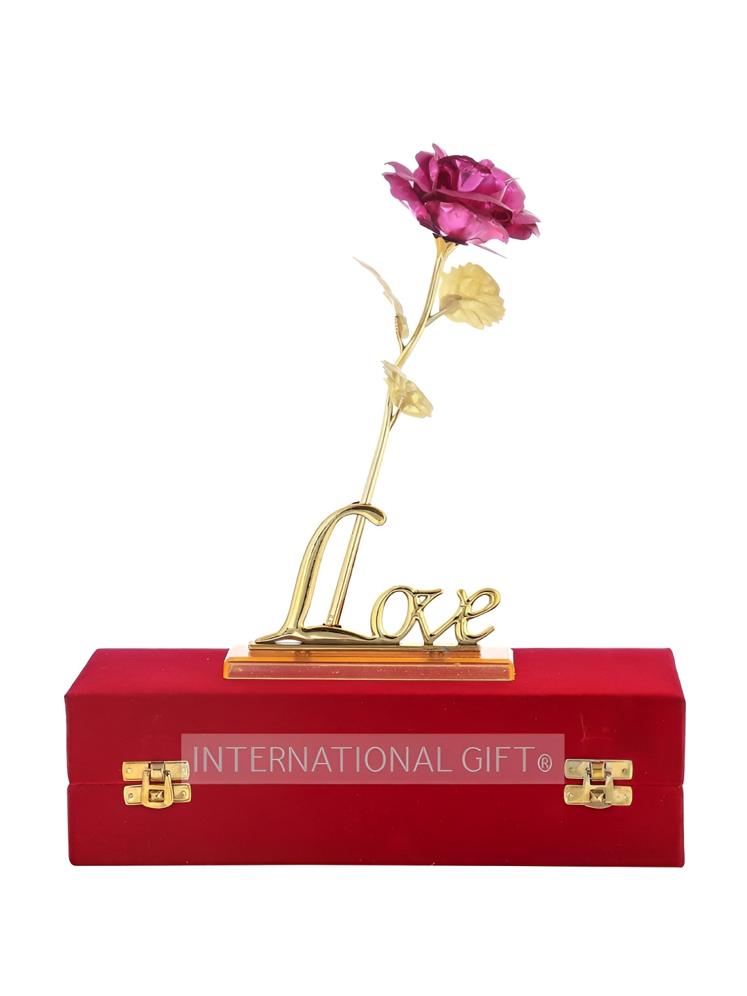 

INTERNATIONAL GIFT Pink & Gold Toned Artificial Rose with Love Stand & Velvet Box