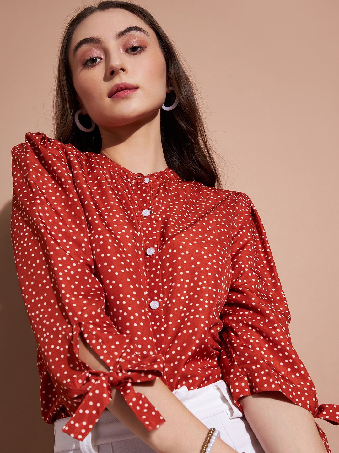 

DressBerry Women Comfort Band Collar Polka Dots Printed Relaxed Fit Casual Shirt, Rust