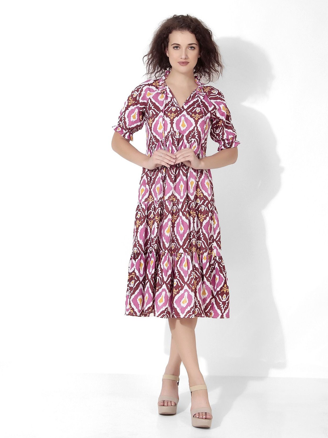 

Seryeon Puff Sleeve A-Line Midi Dress, Pink