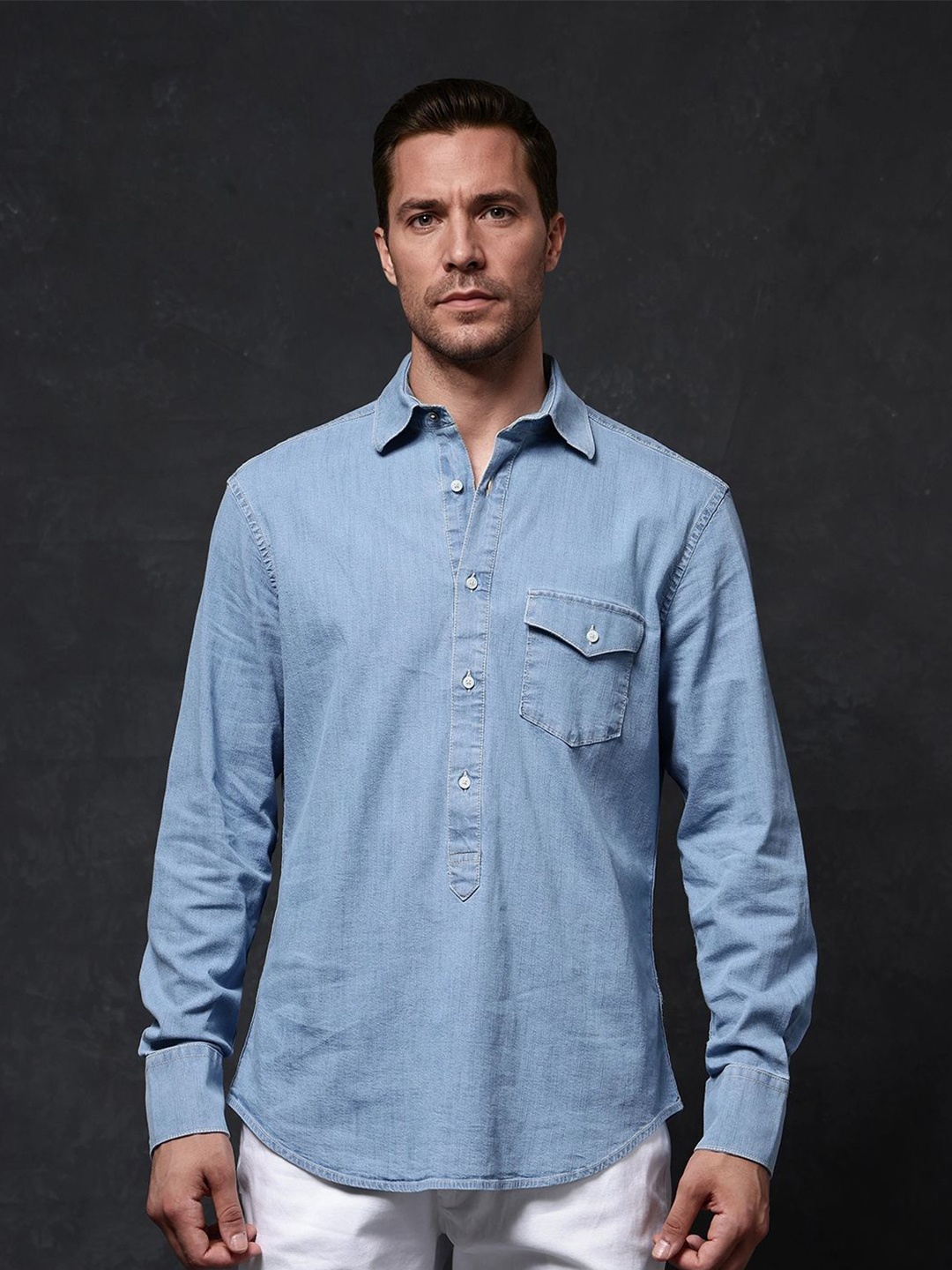 

RARE RABBIT Men Comfort Spread Collar Solid Cotton Casual Shirt, Blue