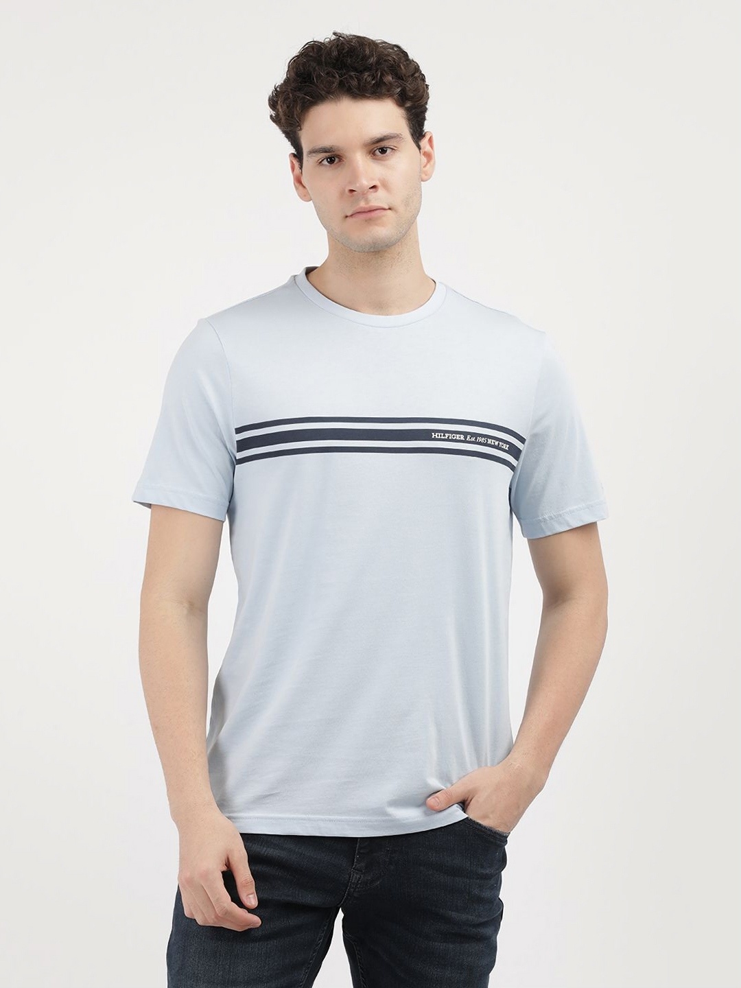 

Tommy Hilfiger Men Striped Round Neck Cotton T-Shirt, Blue