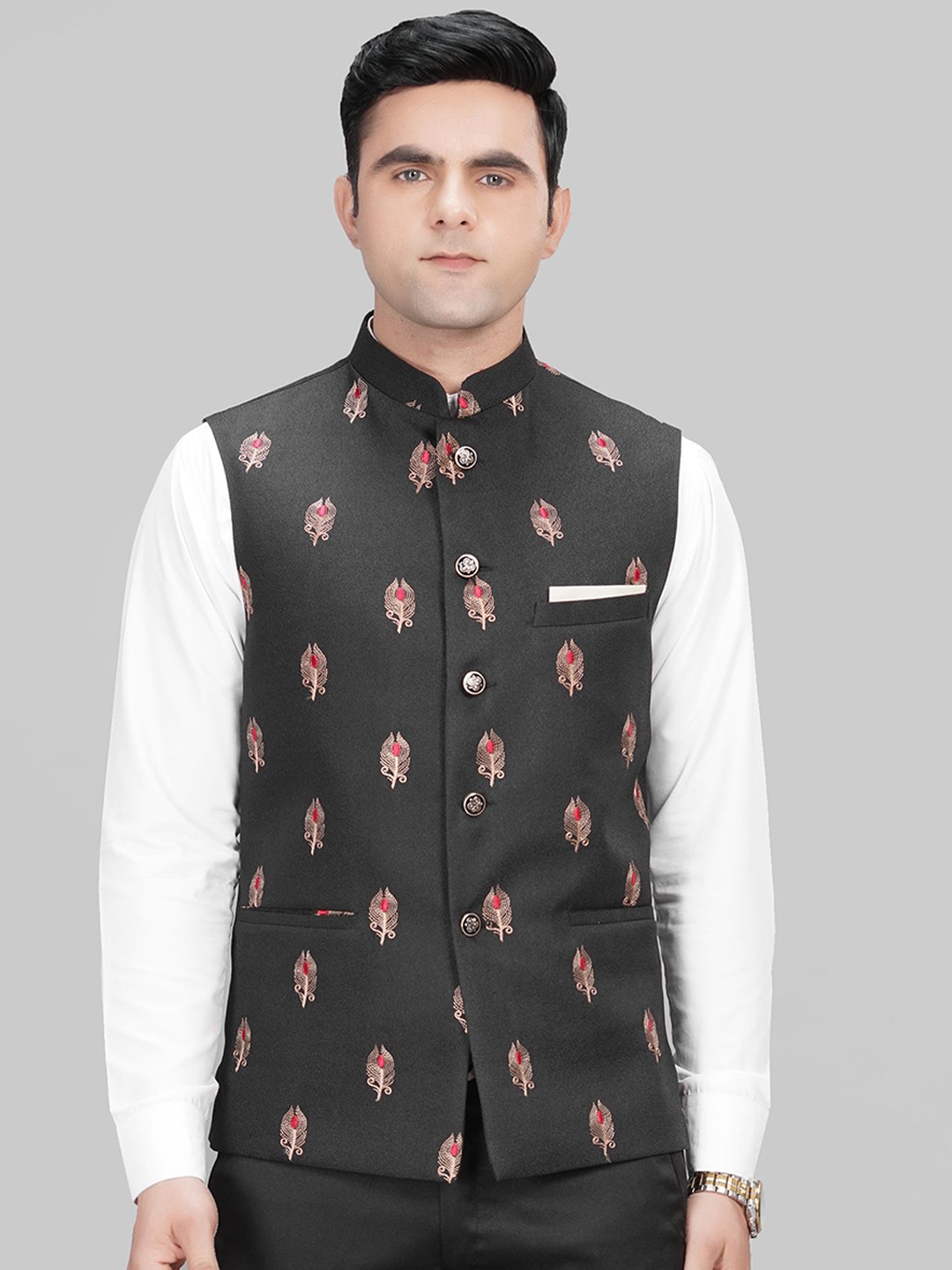 

LA'SCOOT Floral Printed Mandarin Collar Nehru Jacket, Black