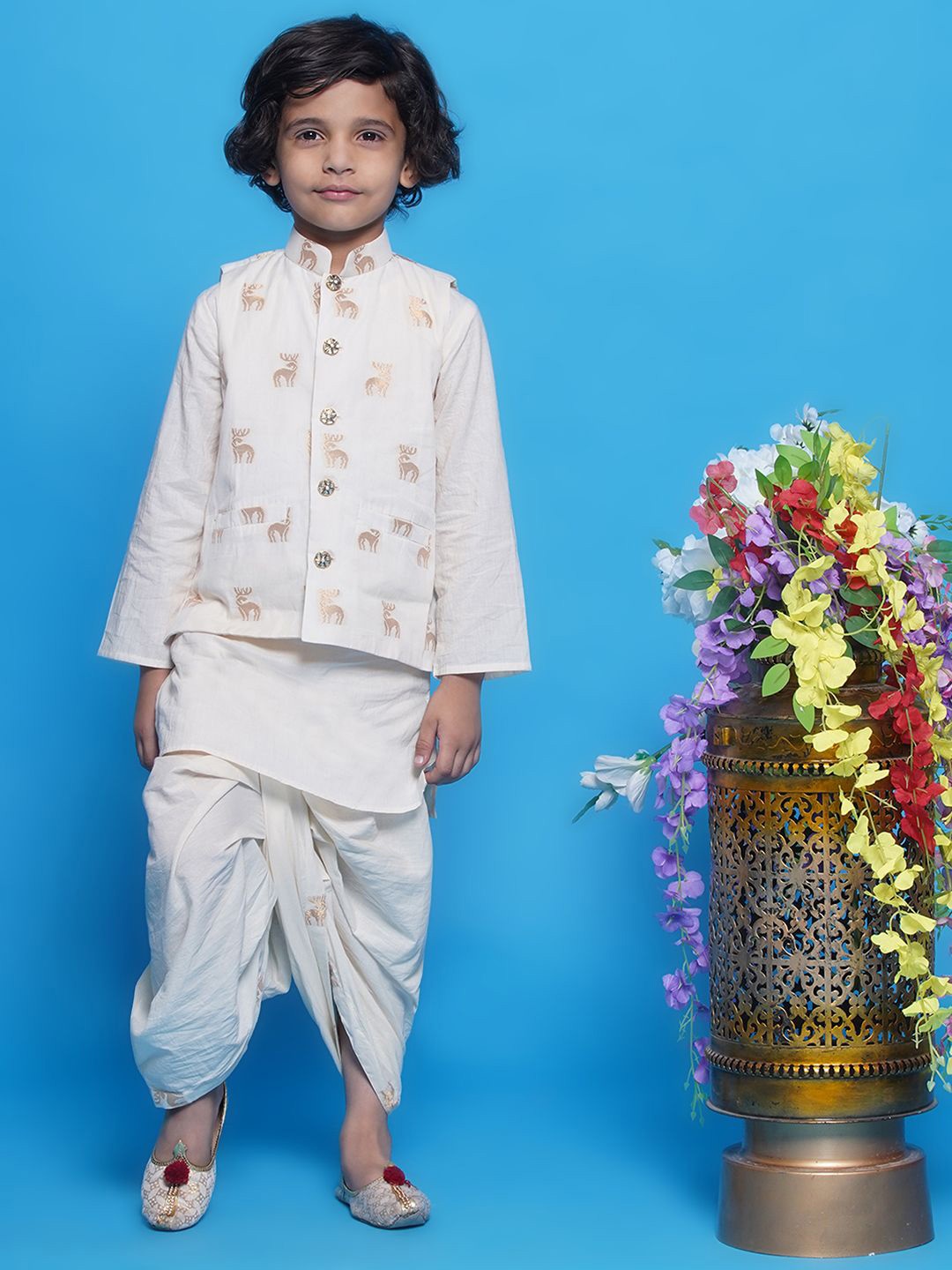 

Little Bansi Boys Woven Design Straight Kurta With Dhoti Pants & Nehru Jacket, Cream