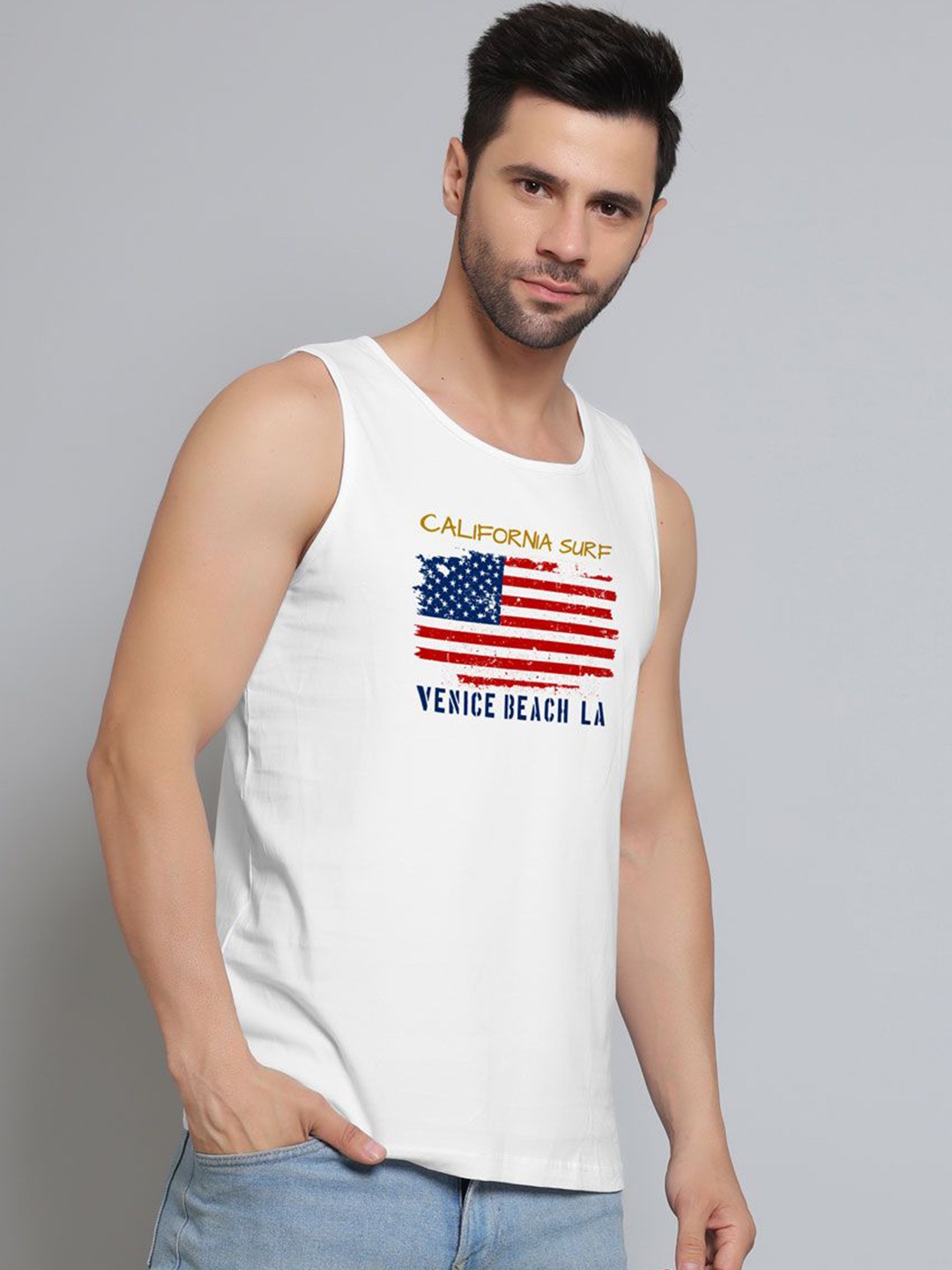 

DAB SHARK Men Printed Sleeveless Innerwear Gym Vests, White