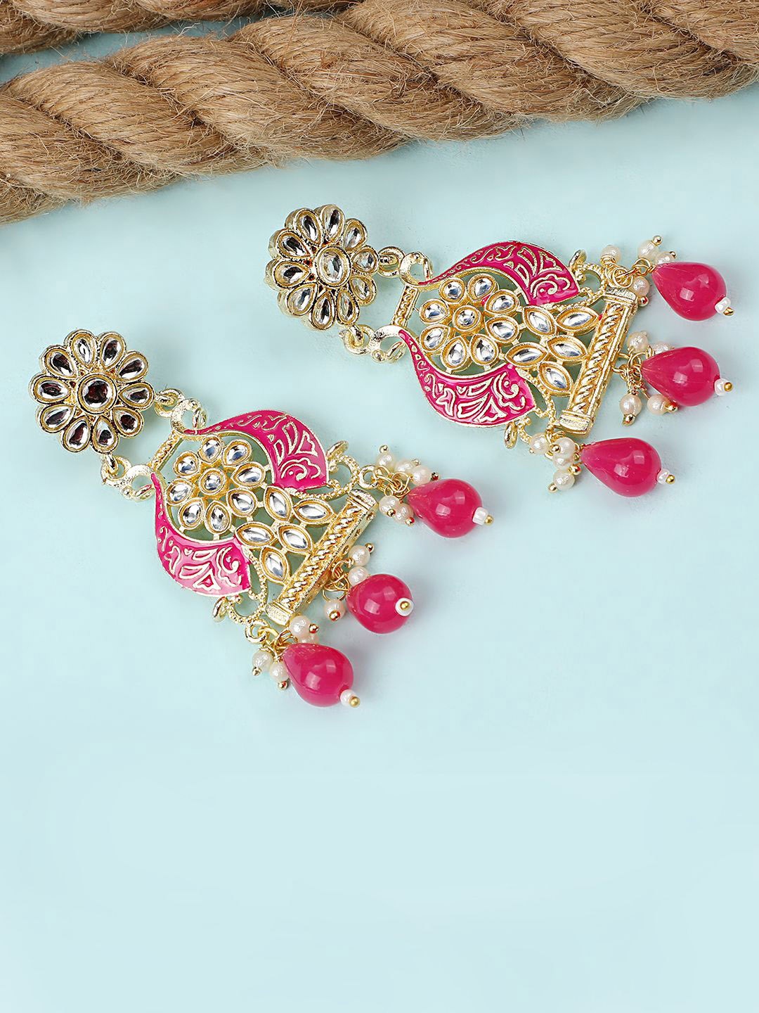 

MODE MANIA Gold-Plated Kundan Contemporary Drop Earrings, Red