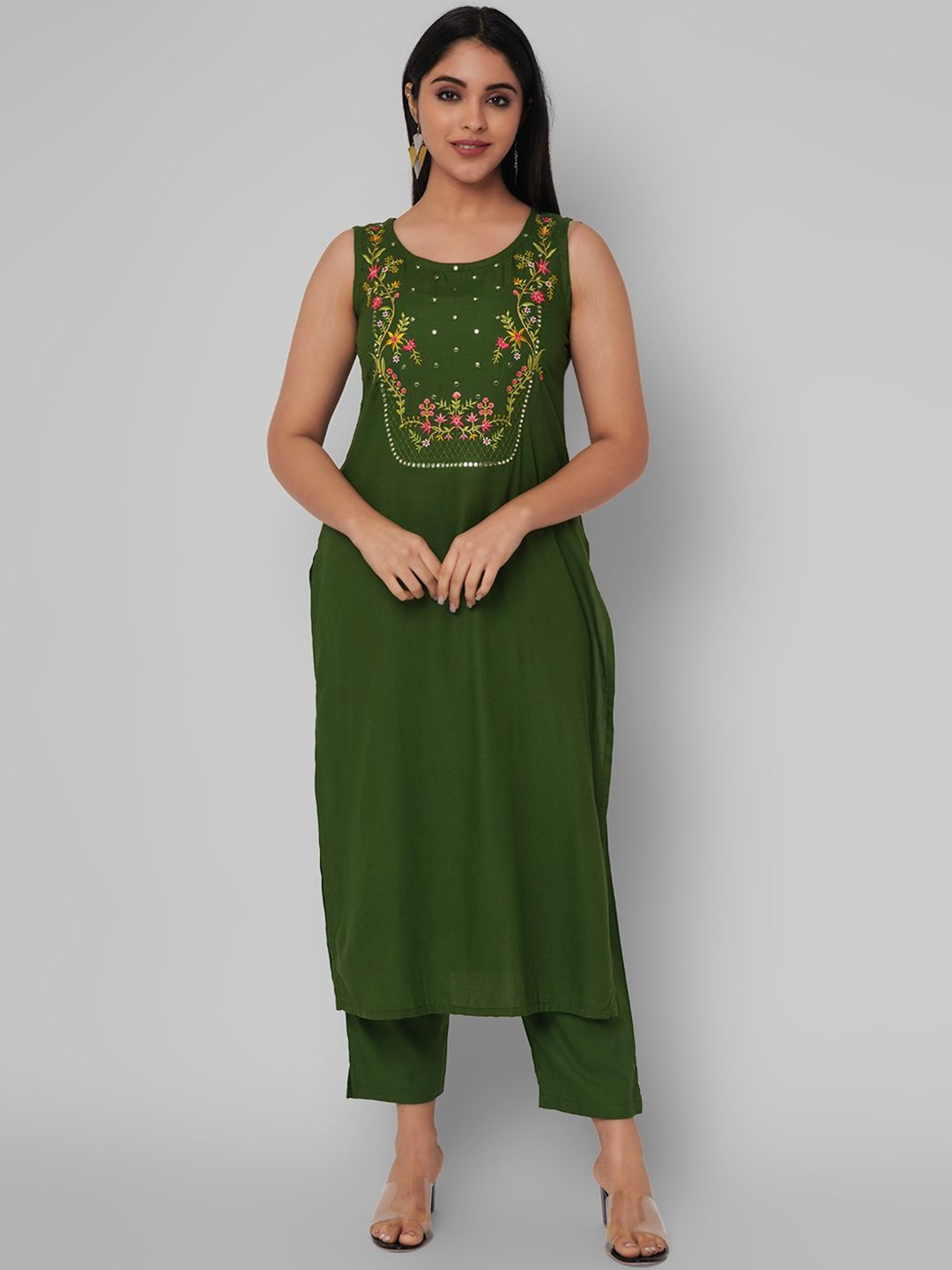 

NYPA Floral Embroidered Yoke Design Mirror Work Straight Kurta With Trousers, Green