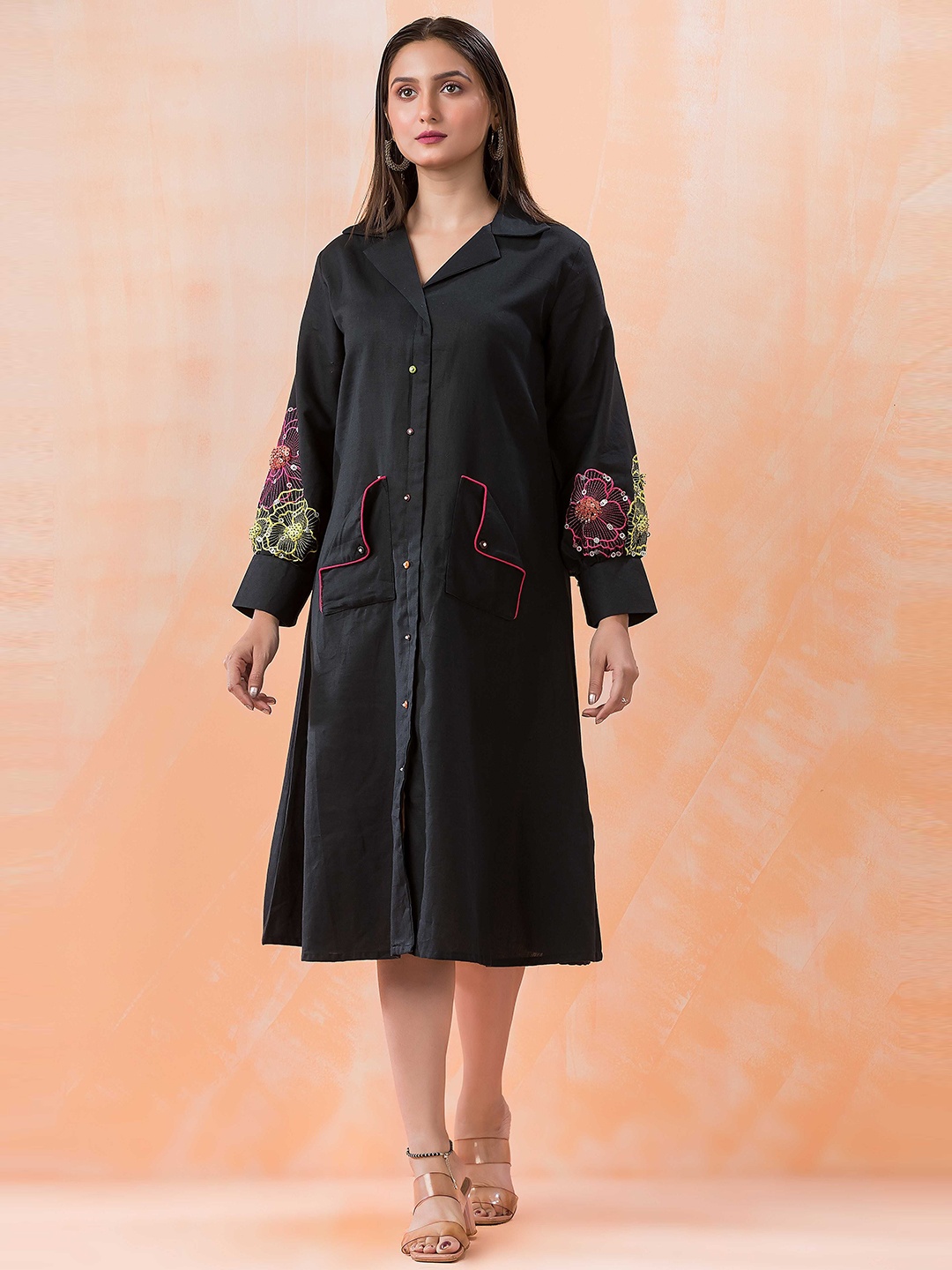 

SACRED SUTA Floral Embroidered A-Line Midi Dress, Black