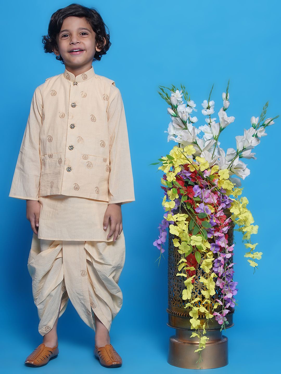 

Little Bansi Boys Floral Printed Thread Work Pure Silk Straight Kurta With Dhoti Pants, Cream