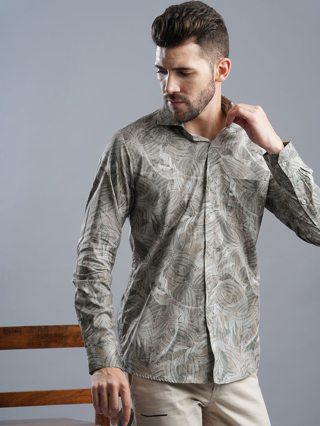 

John Philips Men India Slim Spread Collar Abstract Printed Cotton Slim Fit Casual Shirt, Khaki