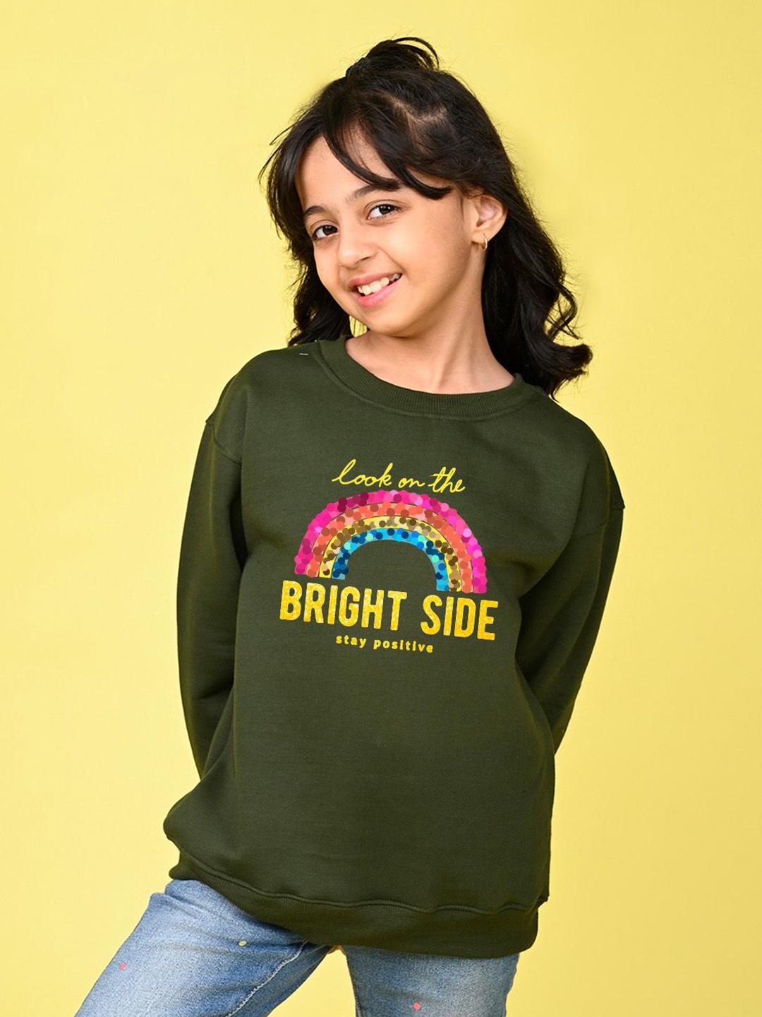 

NUSYL Girls Typography Printed Oversized Round Neck Sweatshirt, Green