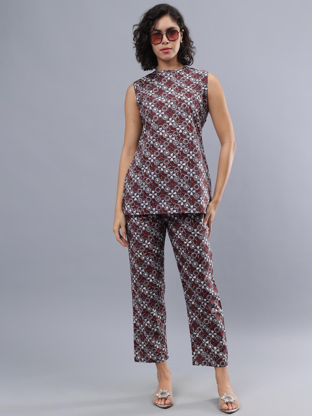 

CORDSET Floral Printed Round neck Pure Cotton Straight Top with Trouser, Grey