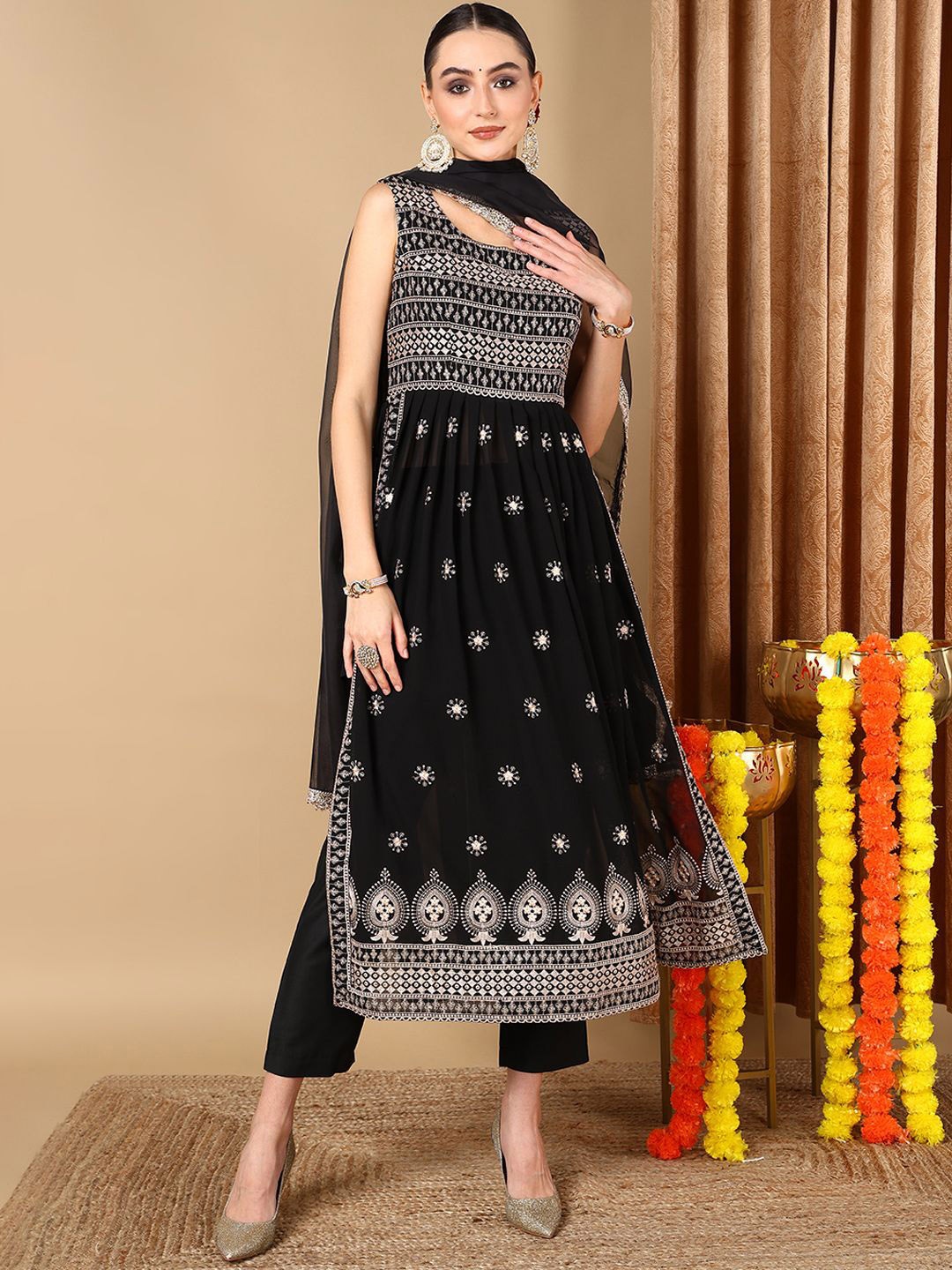 

KALINI Floral Embroidered Pleated Straight Kurta with Trousers & Dupatta, Black