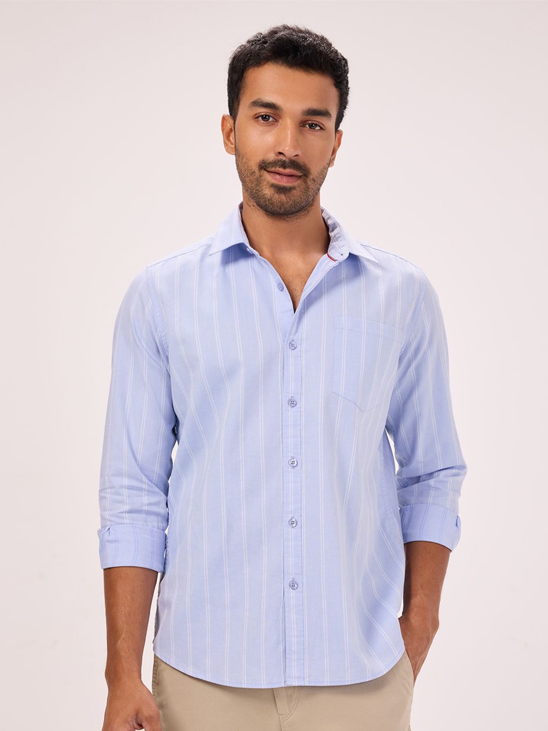 

Bombay High Men Comfort Spread Collar Striped Cotton Semiformal Shirt, Blue