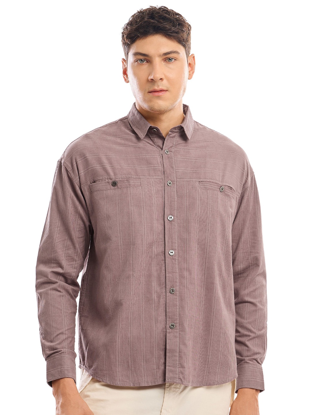 

Beyoung Men Spread Collar Solid Cotton Relaxed Fit Casual Shirt, Mauve