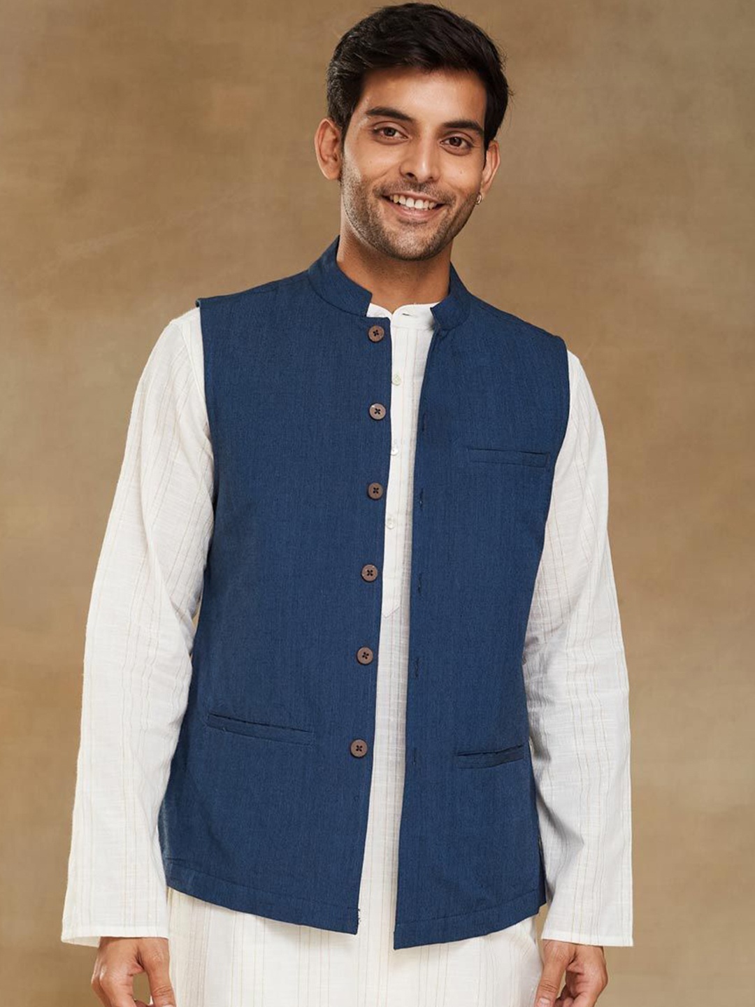 

Fabindia Cotton Woven Nehru Jacket, Navy blue