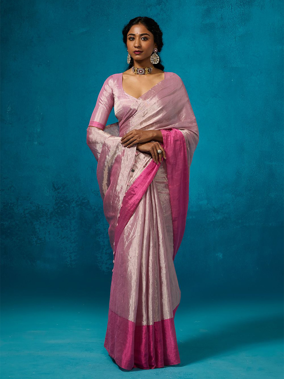 

Dressfolk Chanderi Saree with Blouse Piece, Pink