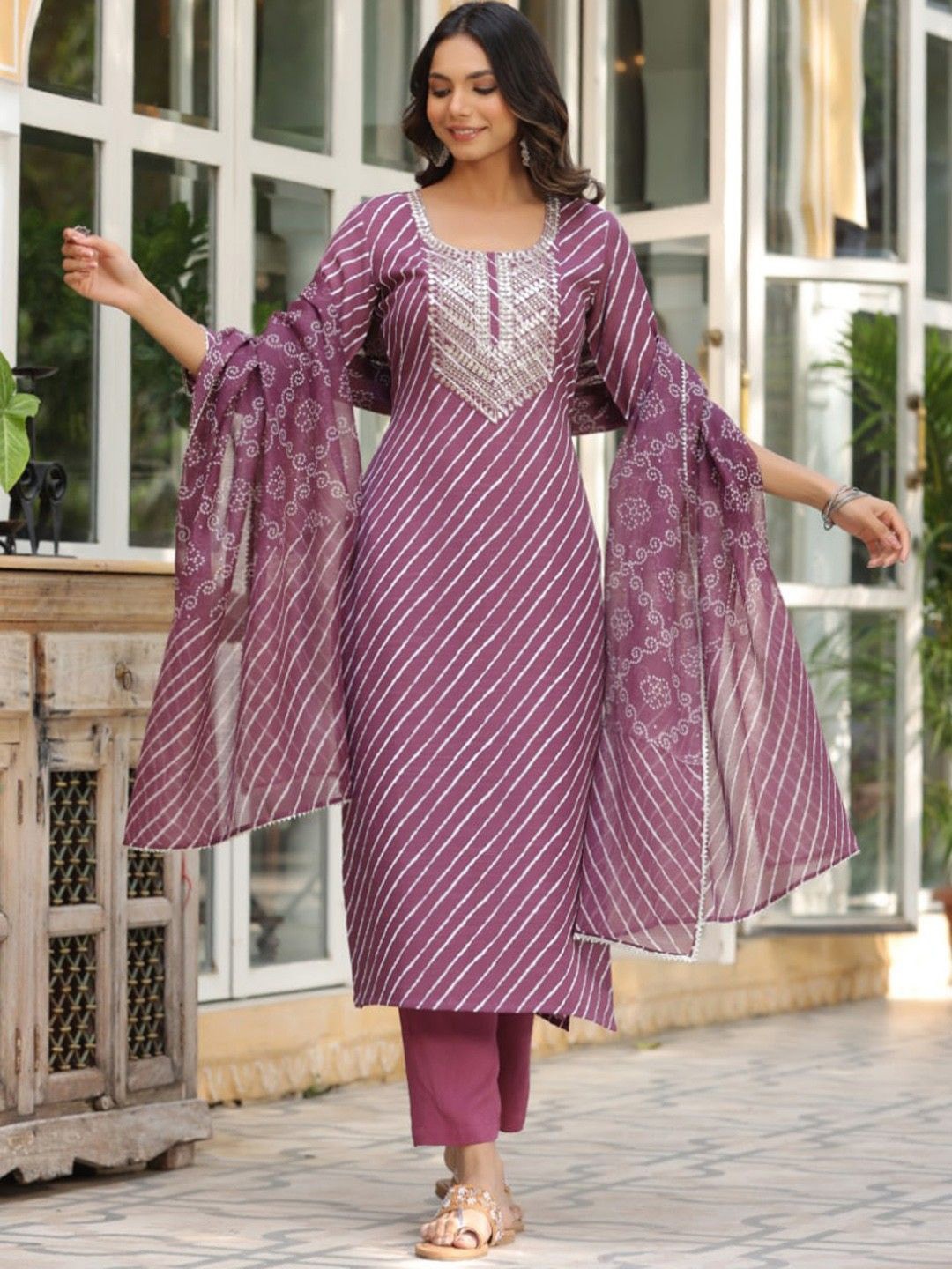 

GoSriKi Leheriya Printed Thread Work Straight Kurta with Trousers & Dupatta, Purple