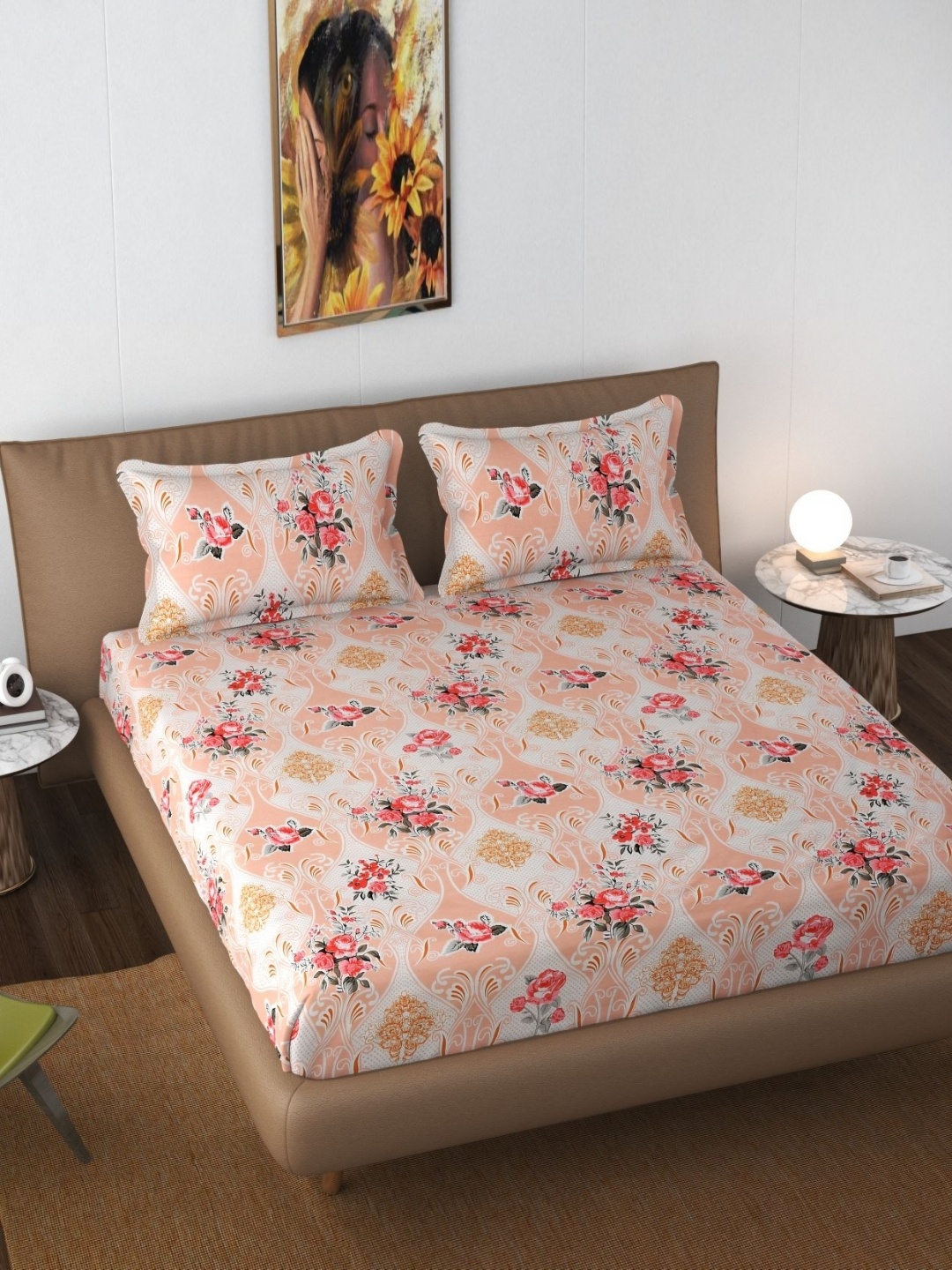 

FINE TEX WORLD Pink & White Floral 180 TC King Fitted Bedsheet With 2 Pillow Covers