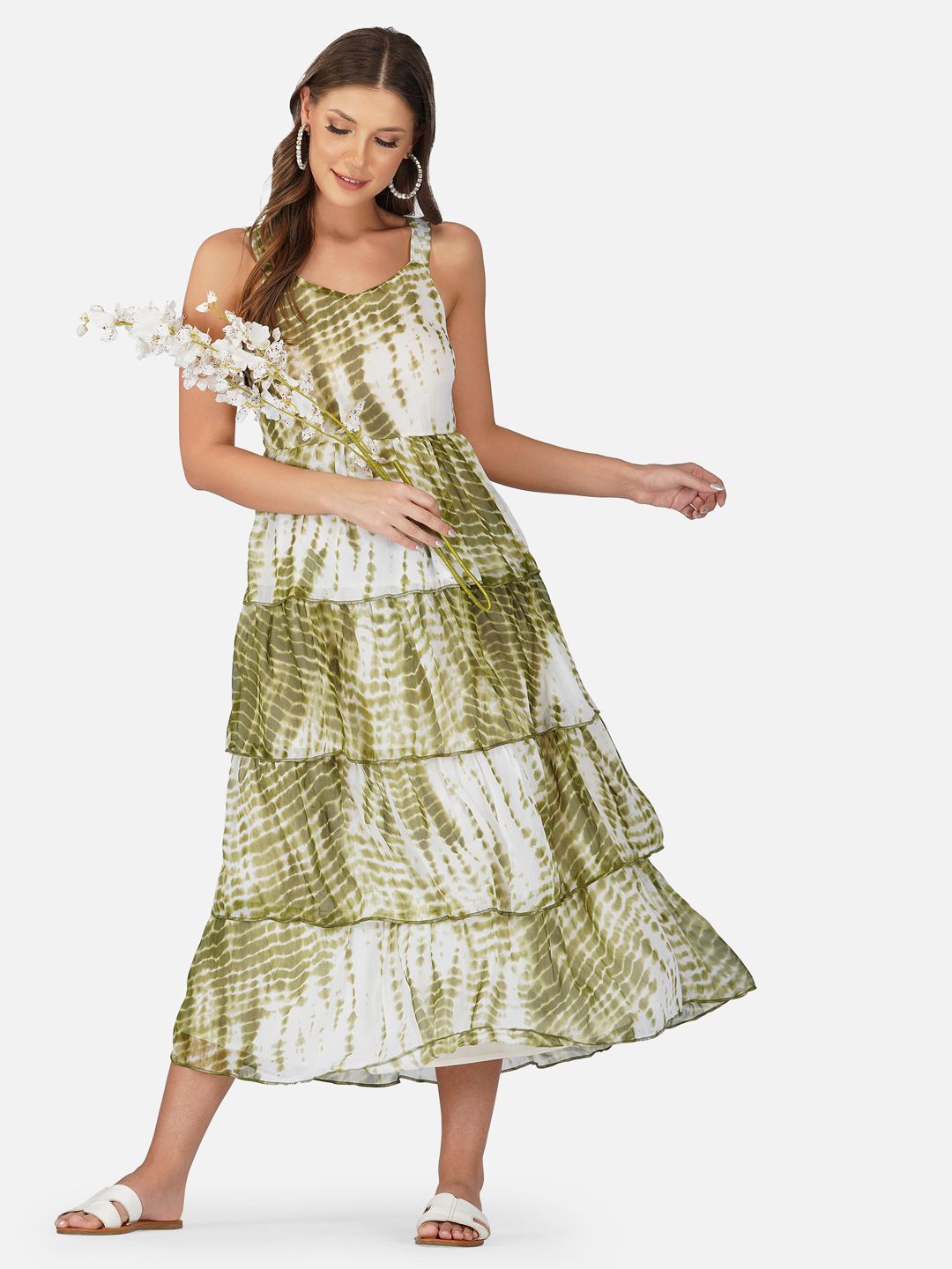 

Street22 Tie and Dye Sleeveless Tiered Fit & Flare Midi Dress, Green
