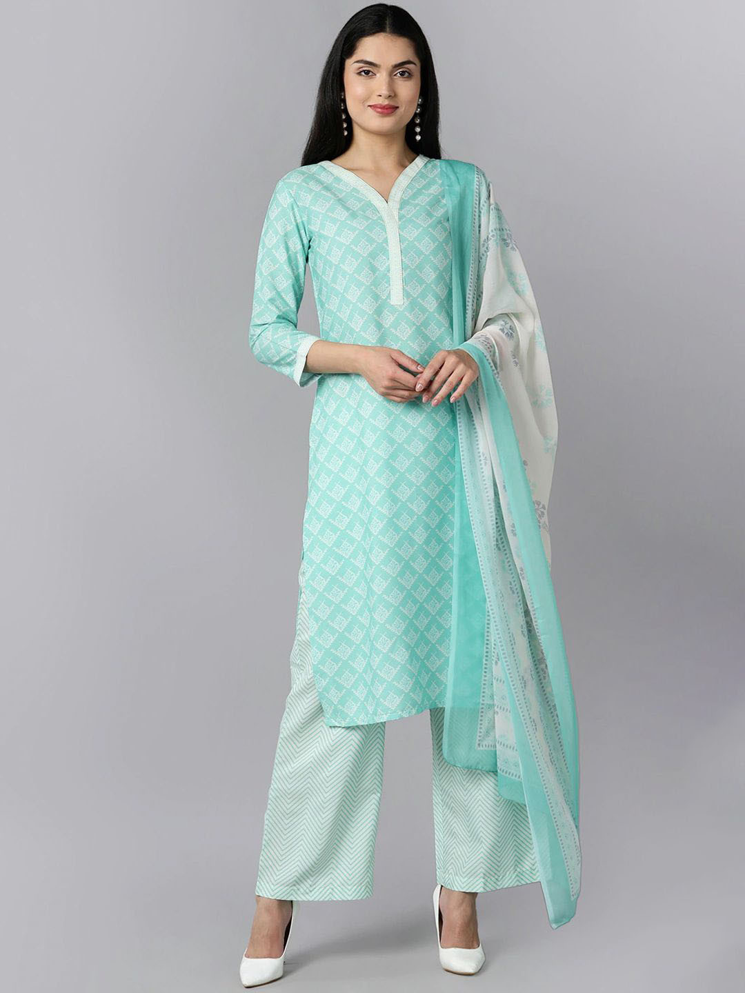 

KALINI Ethnic Motifs Printed Straight Kurta with Palazzos & Dupatta, Sea green