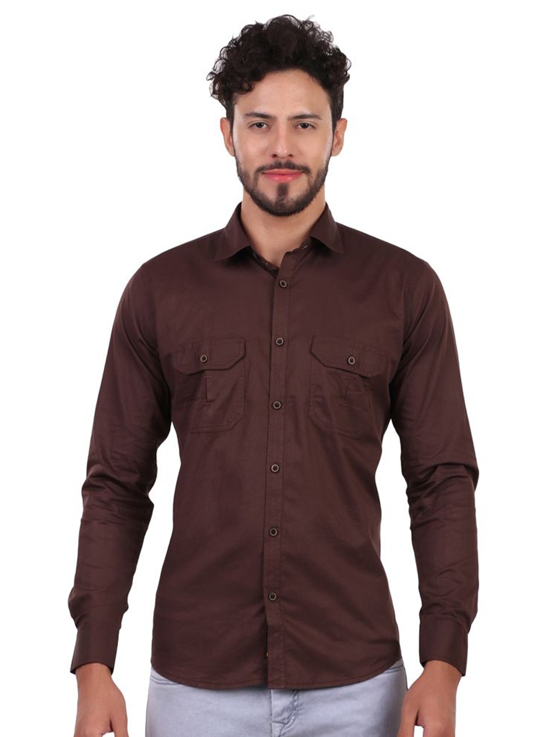 

DESIGN UP Men Classic Spread Collar Solid Cotton Slim Fit Casual Shirt, Brown