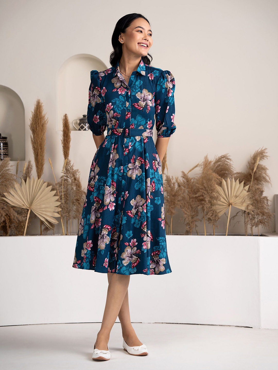 

DressBerry Women Floral Printed Fit & Flare Dress, Teal