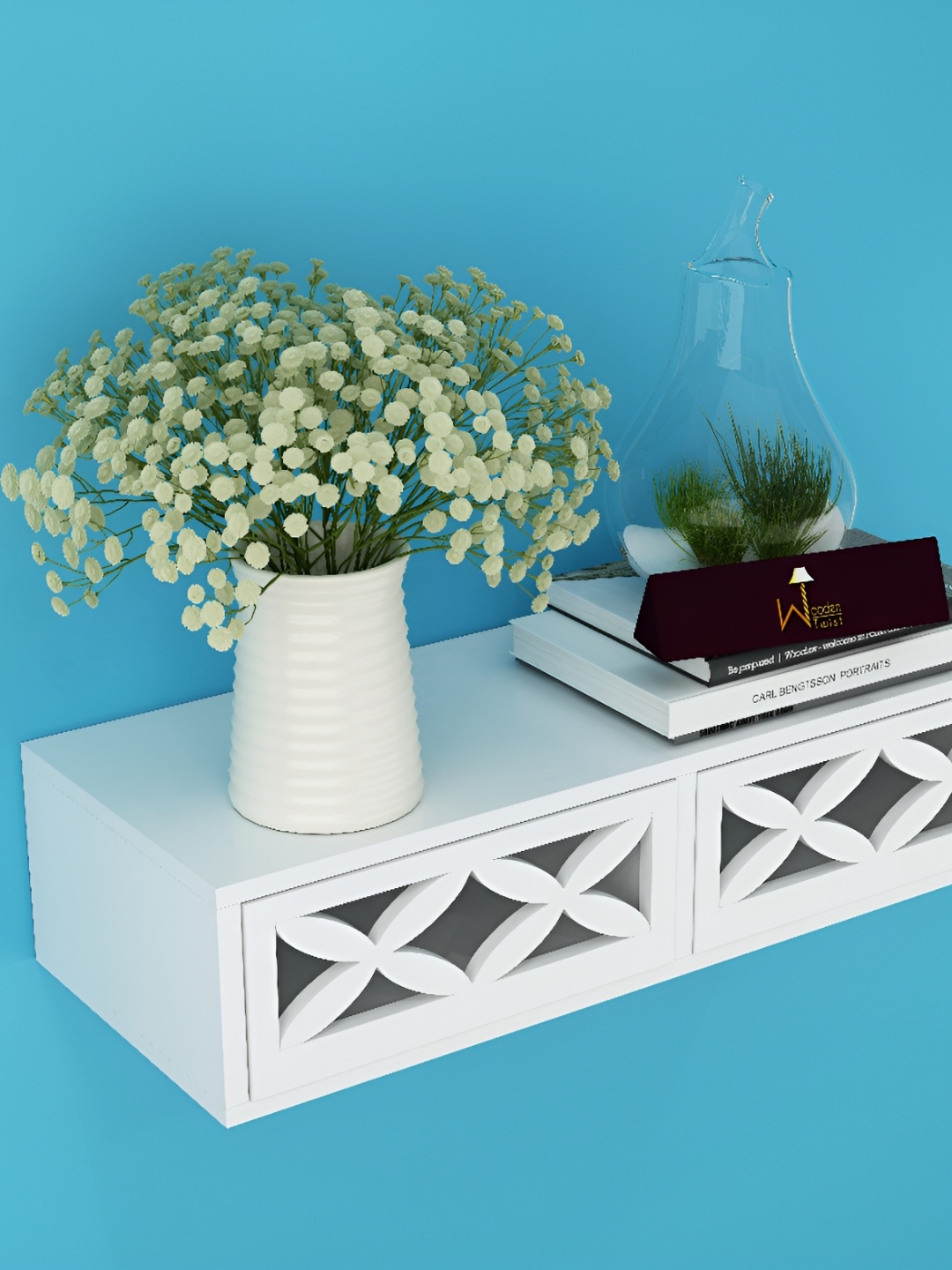 

Wooden Twist White Wooden Wall Shelf with Drawer