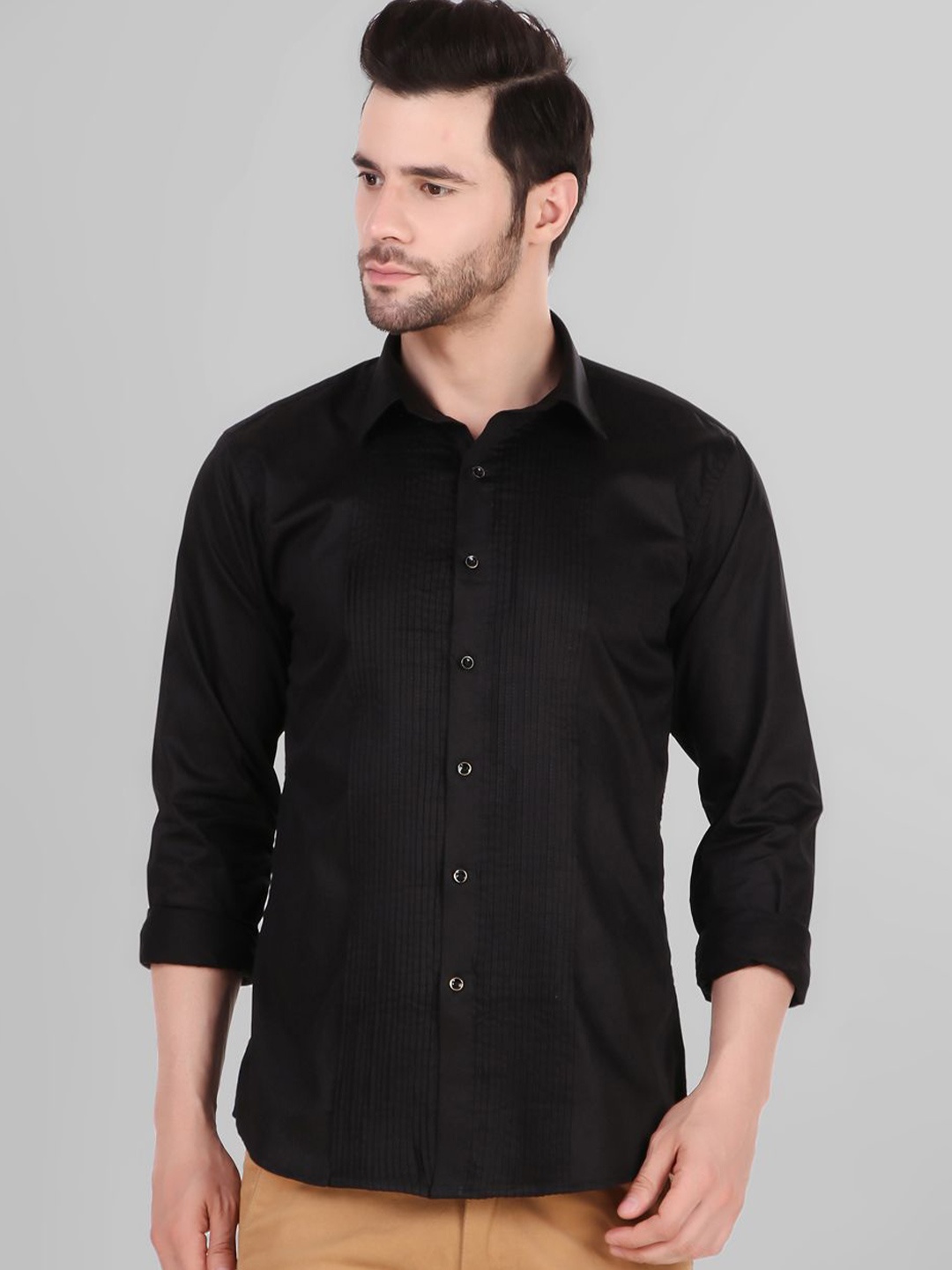 

DESIGN UP MEN TUXEDO PIN TUCKS SATIN PURE COTTON SLIM FIT FORMAL SHIRT, Black