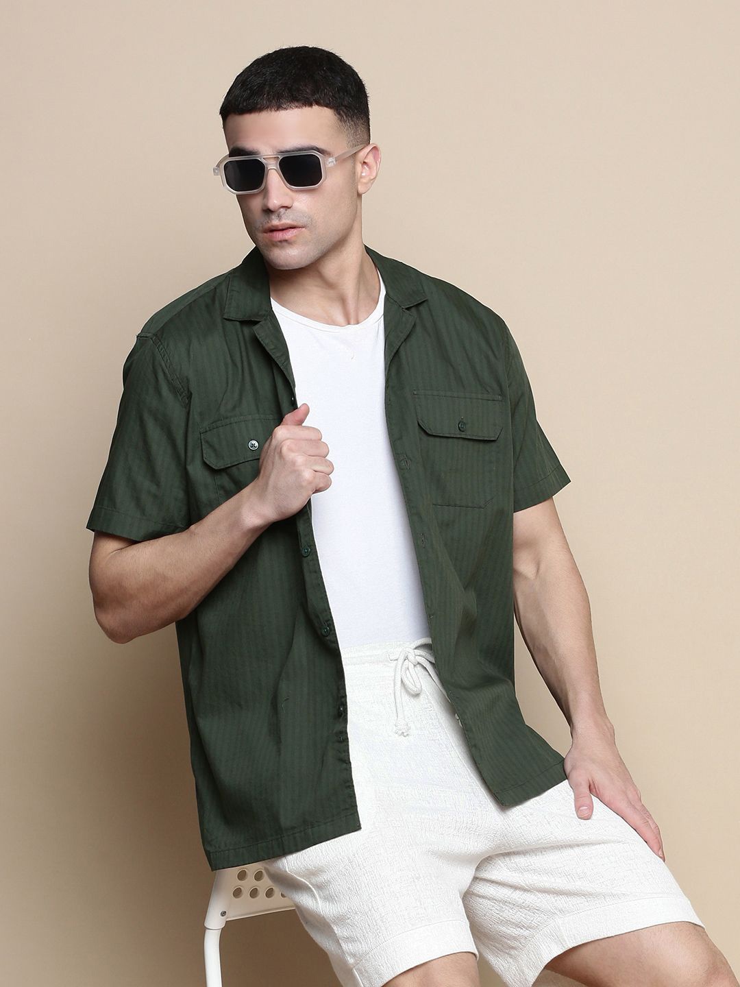 

INVICTUS Men Club Cuban Collar Striped Cotton Relaxed Fit Casual Shirt, Green