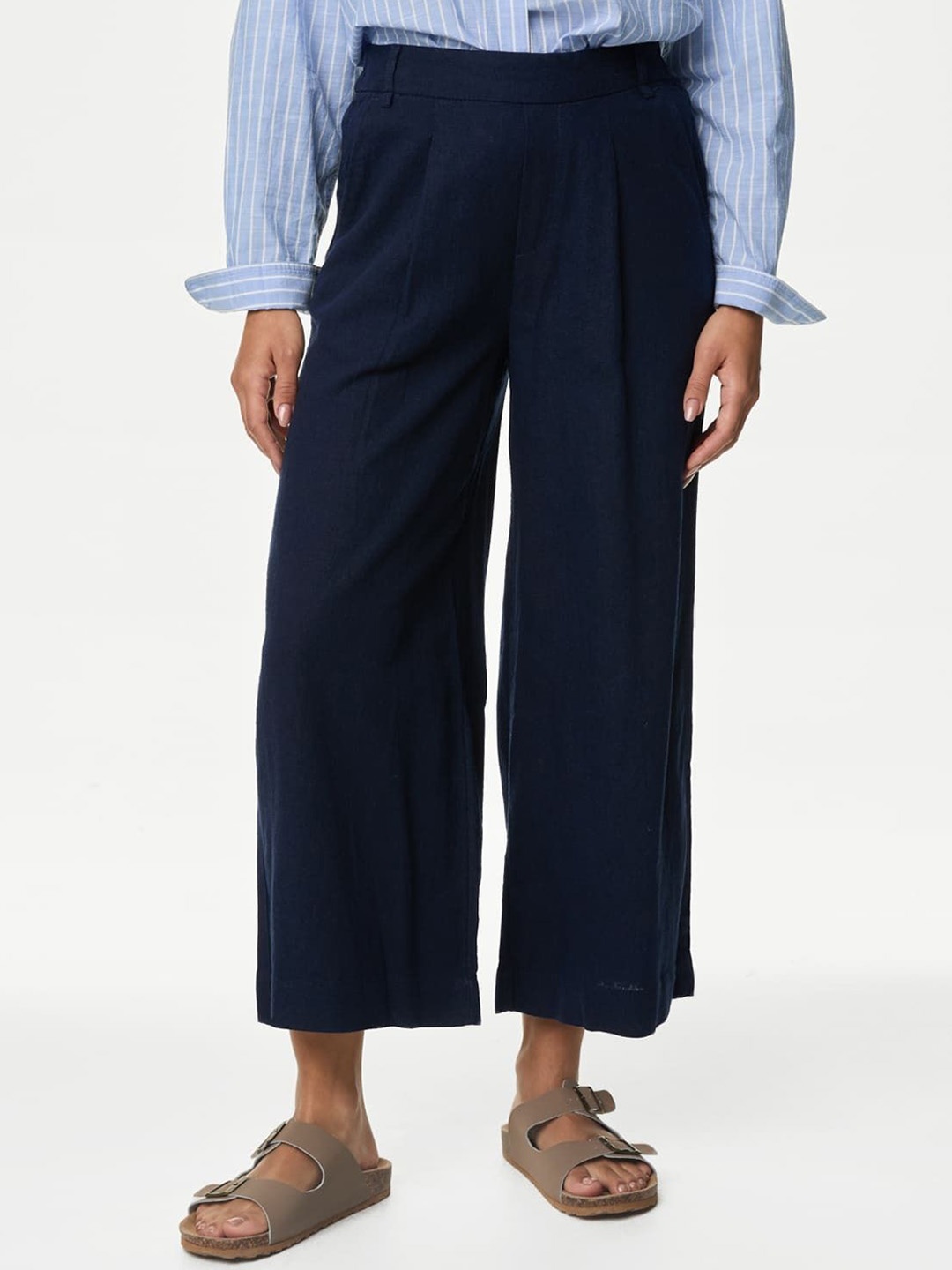 

Marks & Spencer Women Flared High-Rise Pleated Culottes Trousers, Navy blue