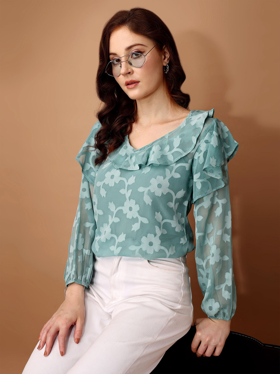 

Murcia Floral Flared Sleeve Georgette Top, Green