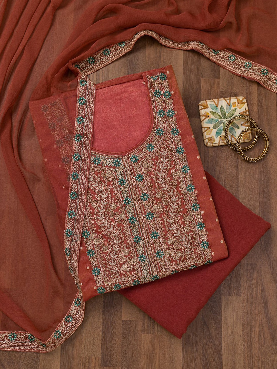 

Koskii Floral Embroidered Unstitched Dress Material, Rust