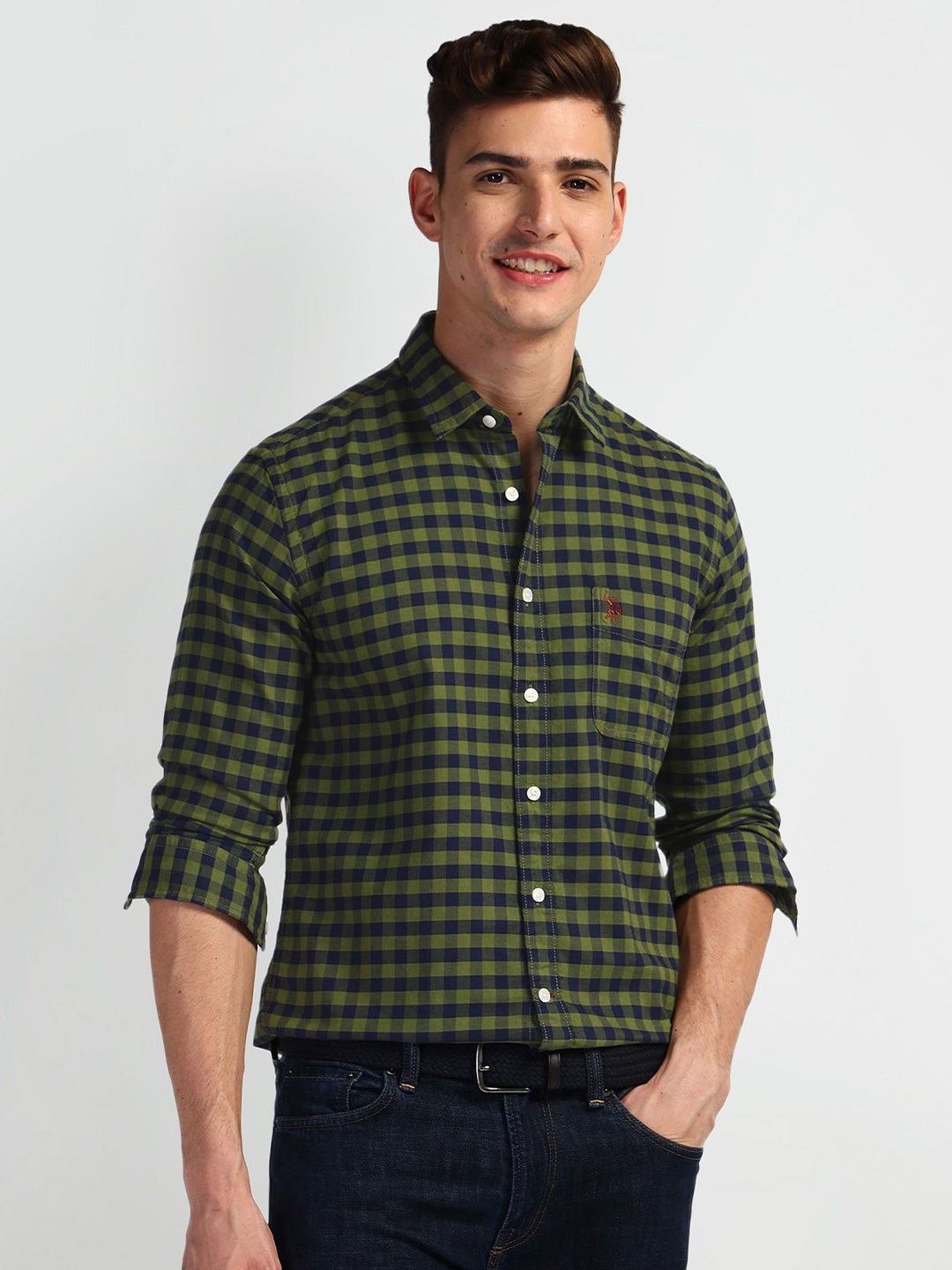 

U.S. Polo Assn. Denim Co. Men Comfort Gingham Checked Cotton Slim Fit Casual Shirt, Green